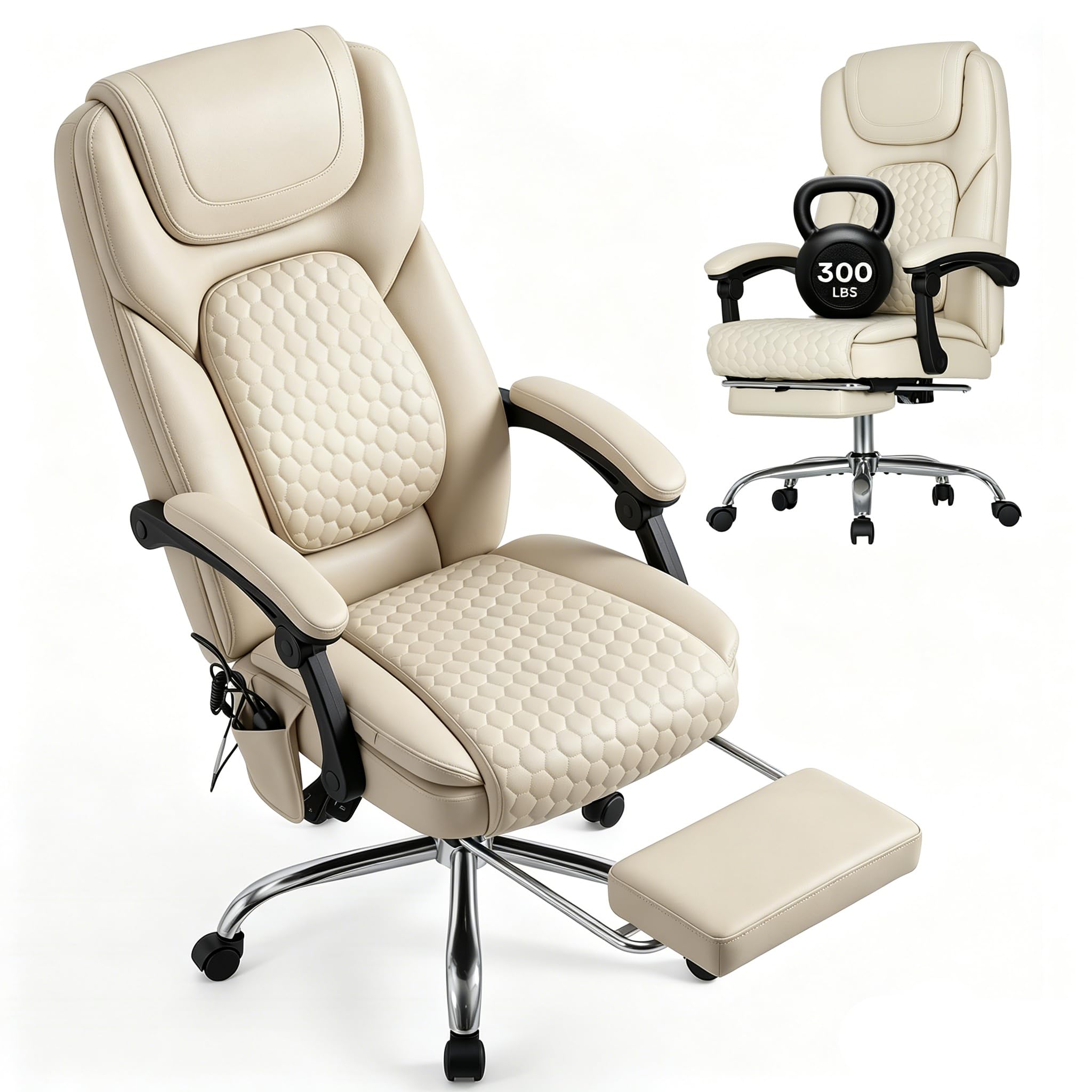 MALOL Massage Office Chair with Heat and Footrest - 3-Level 65°C Targeted Heating, 20-Min Easy Assembly Leather Desk Chair, Big and Tall Executive Computer Chair with Side Pocket, 300 lbs, Beige