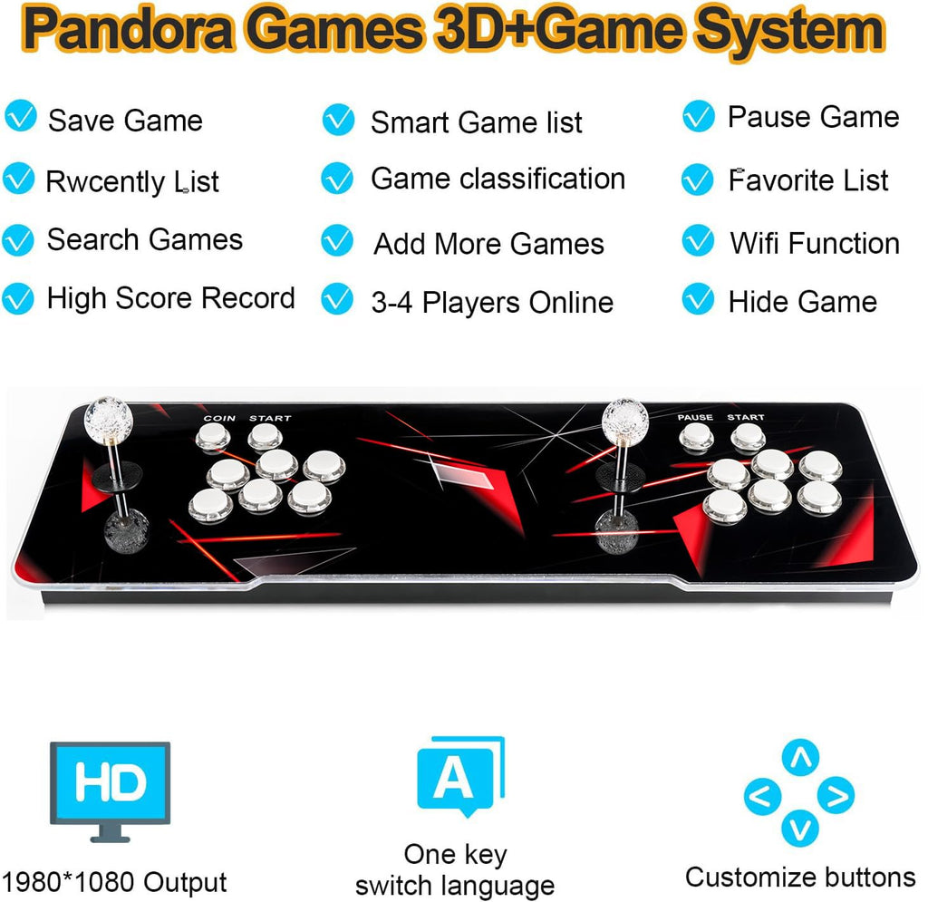 【 35000 Games in 1 】 70S Pandoras Box Arcade Game Console Retro Game Machine for Home PC & TV, 2-4 Players, 1280X720, Support 3D , Search/Hide/Save/Load/Pause , Favorite List,Double Stick