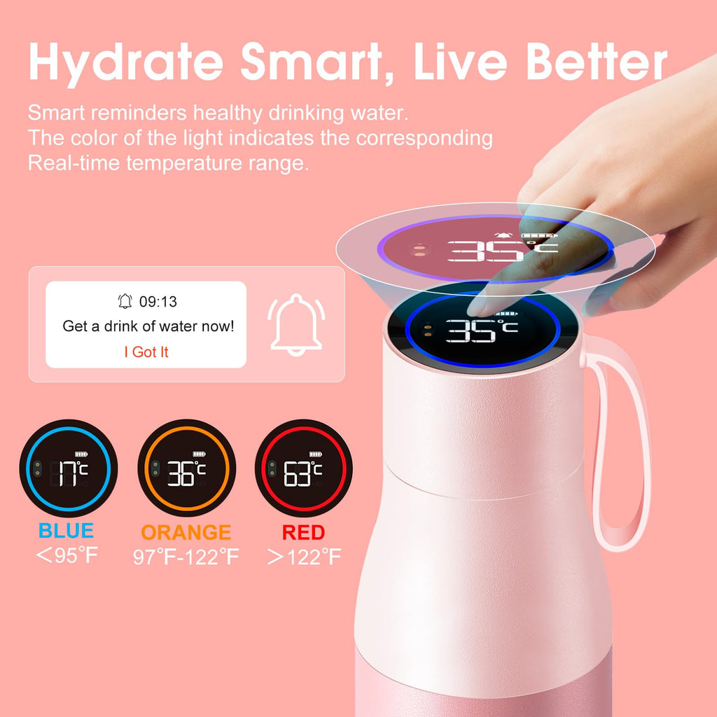 VSITOO 15oz Mini Smart Water Bottle，Self-Cleaning Insulated Bottle, Small Thermoses with AI, App & Touchscreen, Perfect Purse Water Bottle for Travel, Gym & Office, Pink