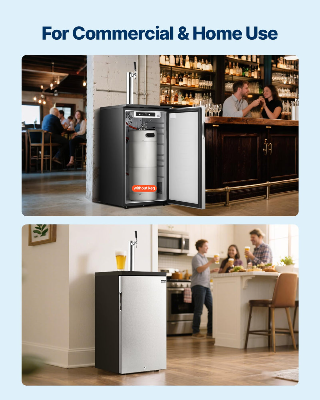 VEVOR Beer Kegerator, Dual Tap Commercial Draft Beer Dispenser for D system, Full Size Keg Refrigerator with 5lbs CO2 Tank, Hold 2 Sixth / 2 Ball lock keg, Black