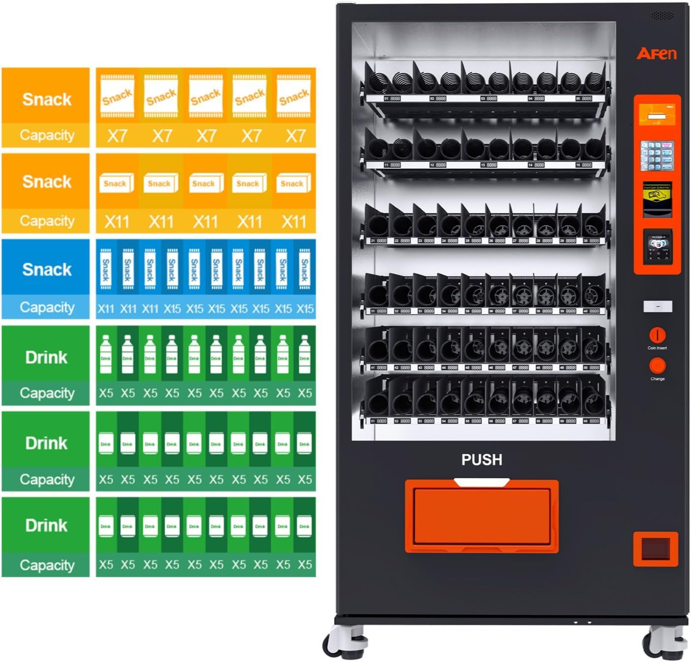 Afen Commercial Vending Machine with Bill & Coin Acceptor and Card Reader, 60 Slot Refrigerated Beverage Snack Combo Vending machine for Business, Durable Cashless Drink Vending in Bulk