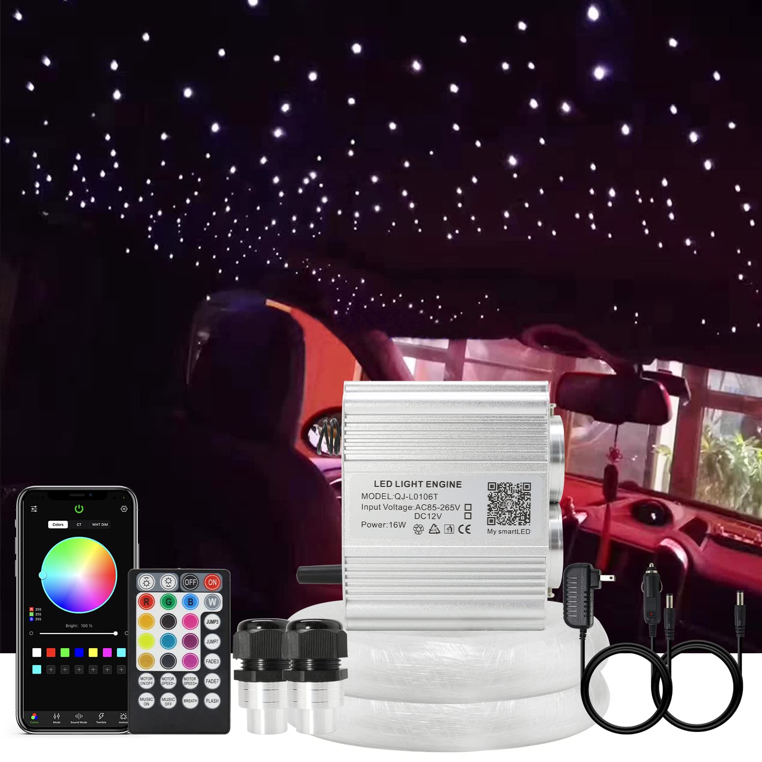 AKEPO Shooting Star+Twinkle Fiber Optic Lights Kit, Car Home Use Meteor APP Control Music Activated Star Ceiling Sky Light, RGBW Light Engine+Mixed Diameter Fibers 460pcs of 9.8ft/3m+Remote