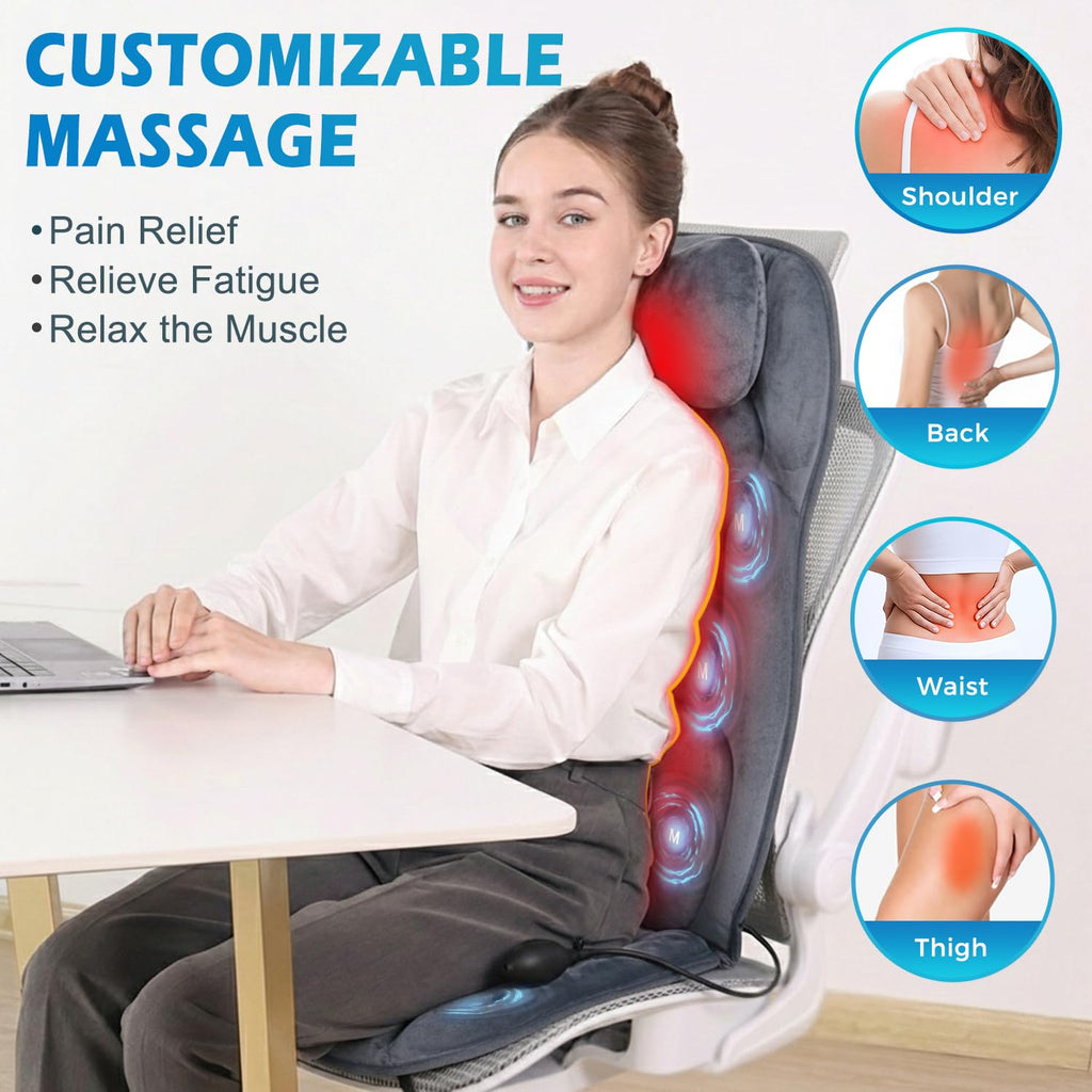 Back Massager with Heat, Full Body Massage Pad with Pillow Neck Support, Soft Plush Fabric Cover, Chair Massager with 3D Lumbar Truction and 8 Vibration Motors, Home Office Use
