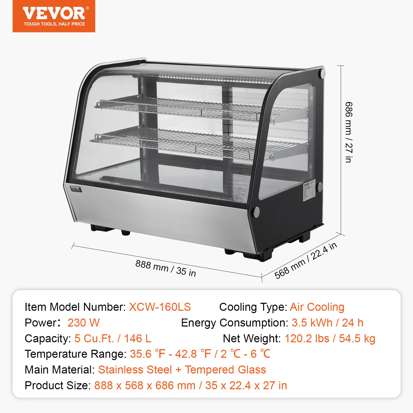 VEVOR Refrigerated Display Case, 3.5 Cu.Ft./100L, 2-Tier, Countertop Pastry Display Case Commercial Display Refrigerator with LED Lighting, TURBO Cooling, Frost-Free Air-Cooling, Rear Sliding Door