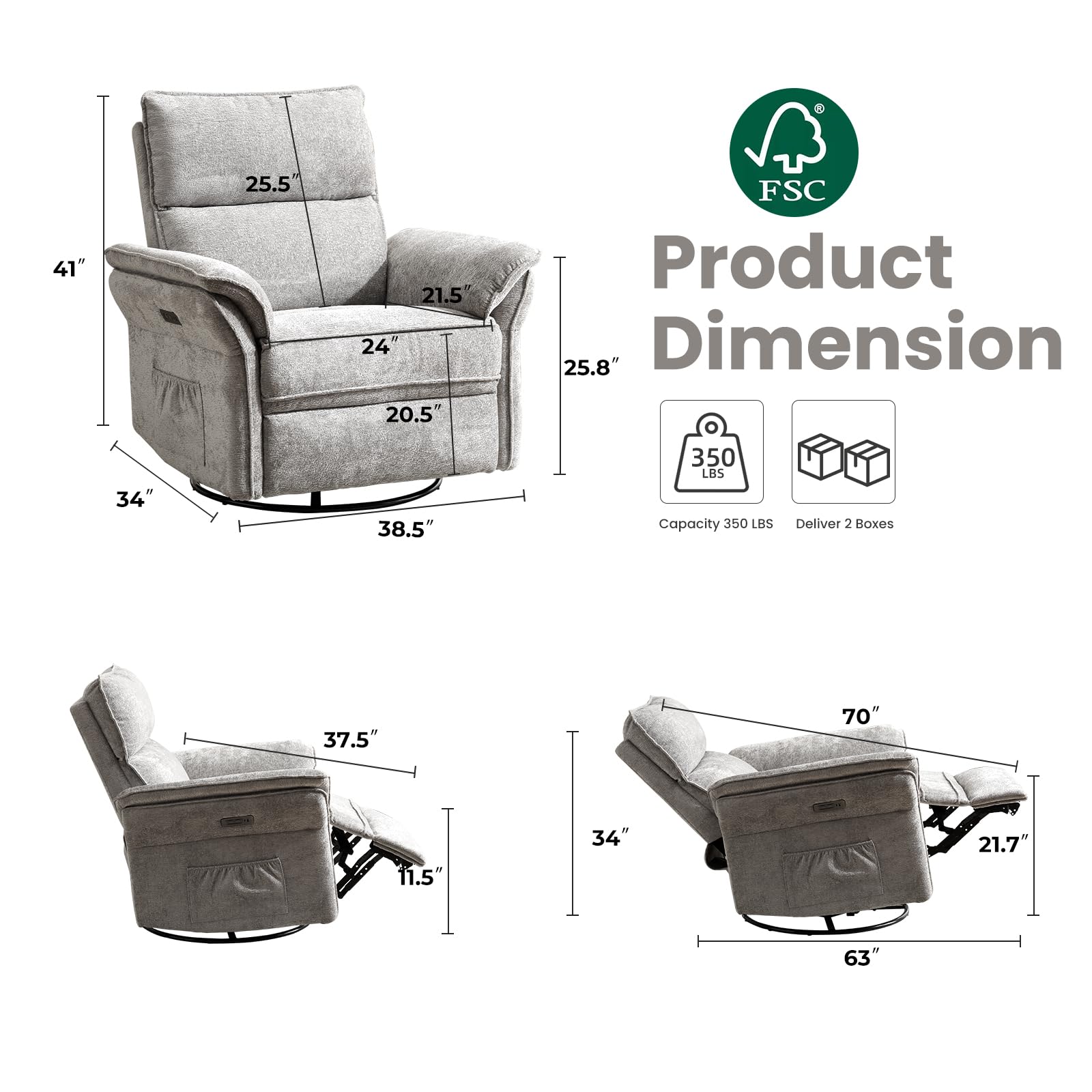 Oversized Rocking Chair Nursery with Massage and Heat, Glider Recliner Nursery Chair with Adjustable Headrest, Power Swivel Rocker Recliner Chair with USB Port, Dark Grey
