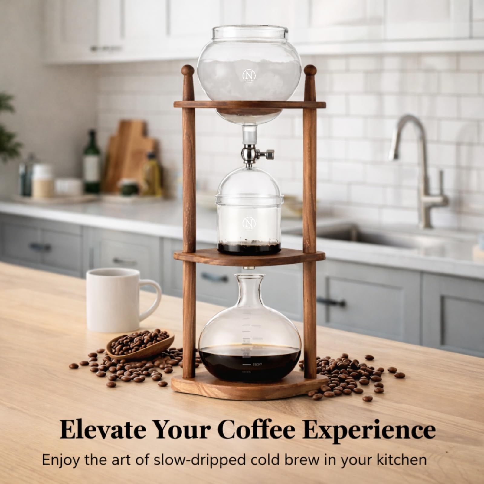 Nispira Cold Brew Drip Tower Iced Coffee Maker Glass Wooden Stand 25 Cups