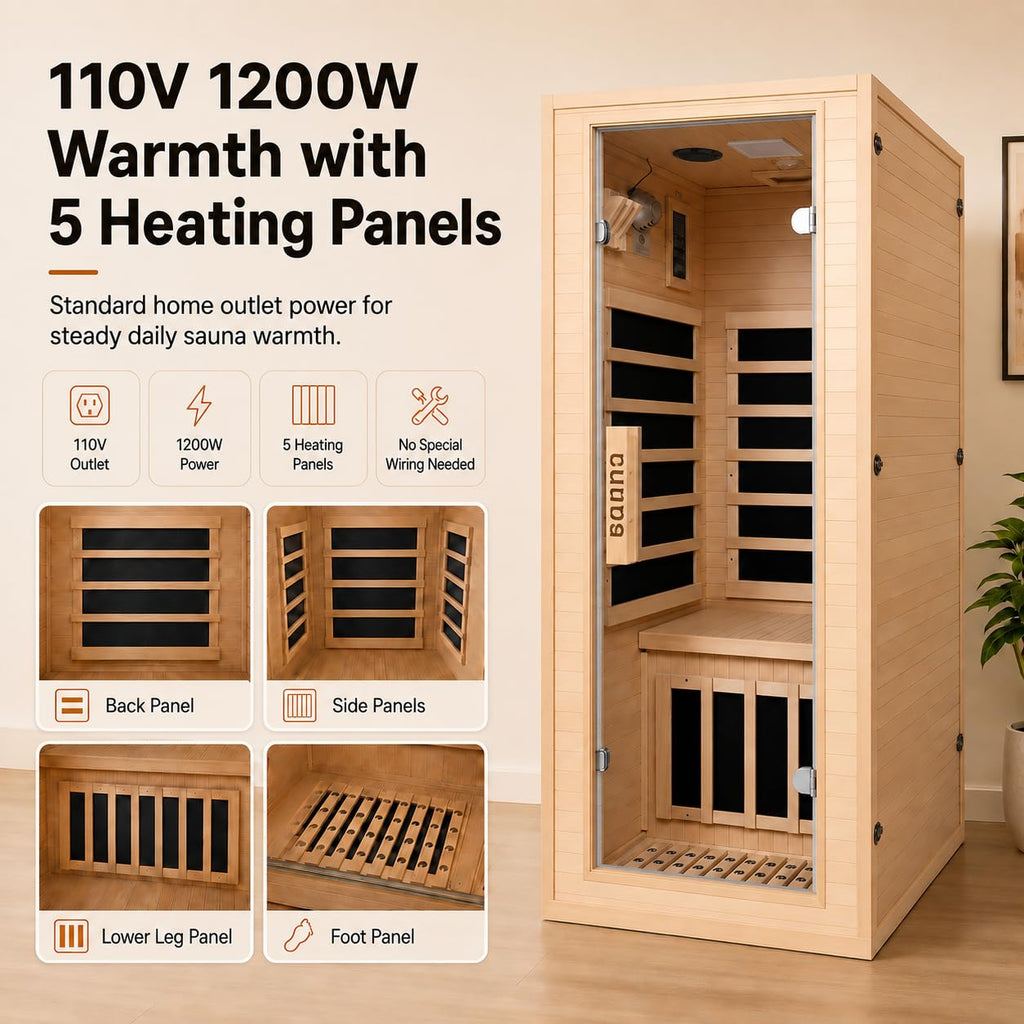1350W Far Infrared Home Sauna, Energy-Efficient Fast-Heating Indoor Sauna Room with Bluetooth & 7-Color Therapy, Canadian Hemlock Wood, Modular Design - Ideal for Home Gym, Family Relaxation