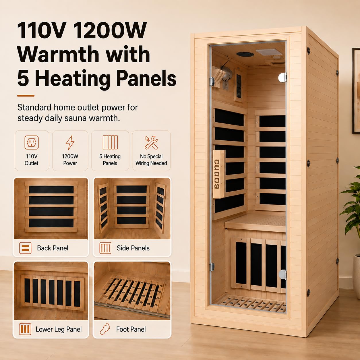 1350W Far Infrared Home Sauna, Energy-Efficient Fast-Heating Indoor Sauna Room with Bluetooth & 7-Color Therapy, Canadian Hemlock Wood, Modular Design - Ideal for Home Gym, Family Relaxation