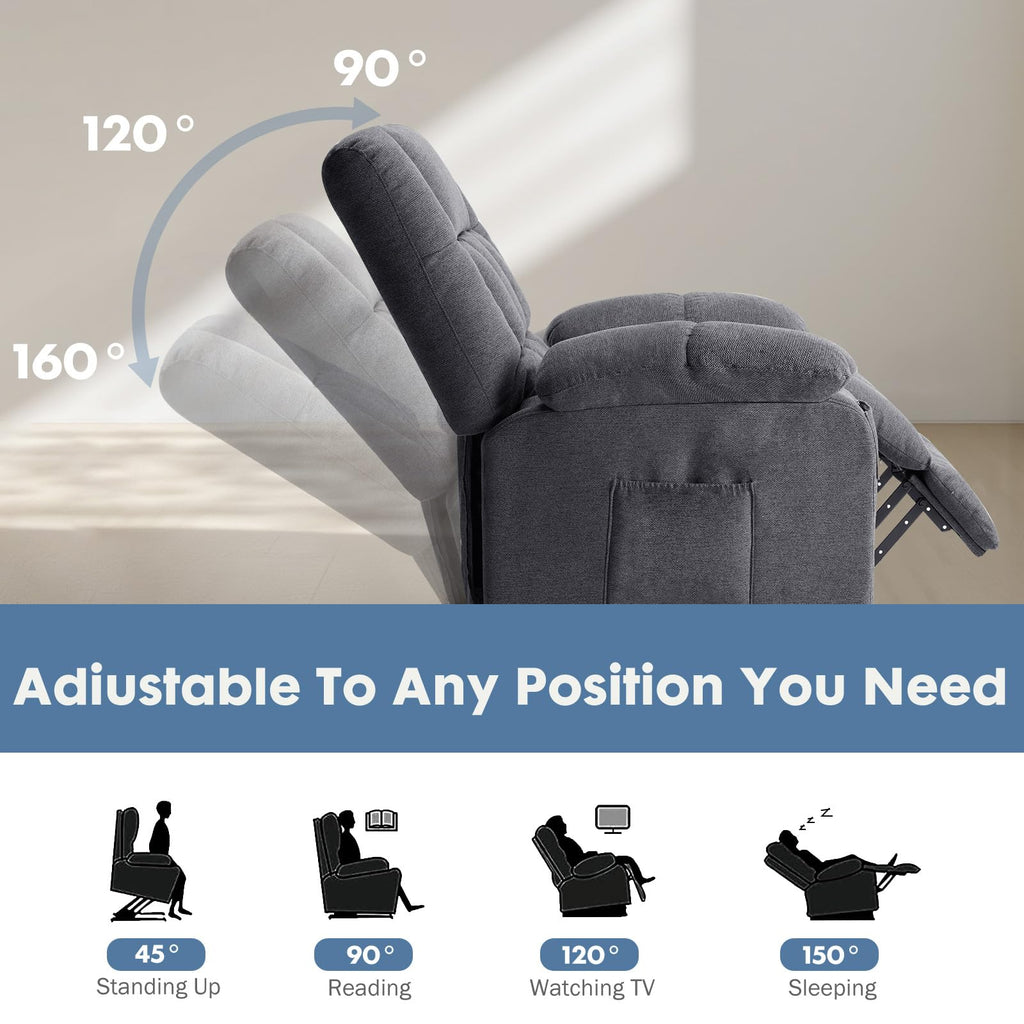 DUMOS Rocker Recliner Chair, Swivel Recliner with Vibration Massage & Lumbar Heating, 270° Rotating Chenille Fabric Recliner with footrest for Living Room & Bedroom, Grey