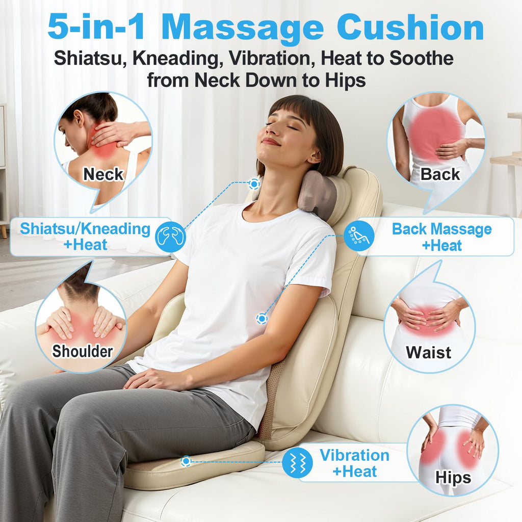 Shiatsu Neck Back Massage Cushion with Heat - 4D Kneading Massager w/Vibration, Dual-Neck Design, Adjustable Intensity/Height, Ease Muscle Tightness from Long Sitting, for Office, Home, Blue