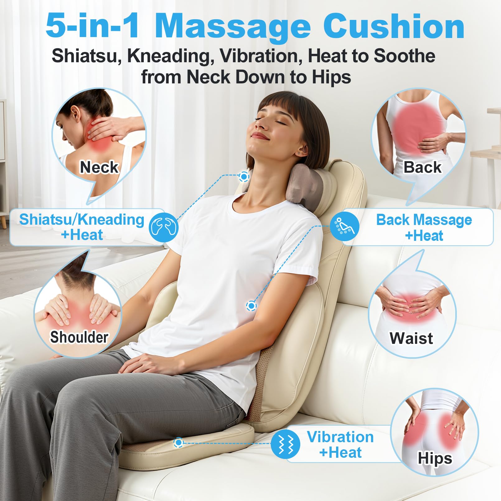 Shiatsu Neck Back Massage Cushion with Heat - 4D Kneading Massager w/Vibration, Dual-Neck Design, Adjustable Intensity/Height, Ease Muscle Tightness from Long Sitting, for Office, Home, Blue