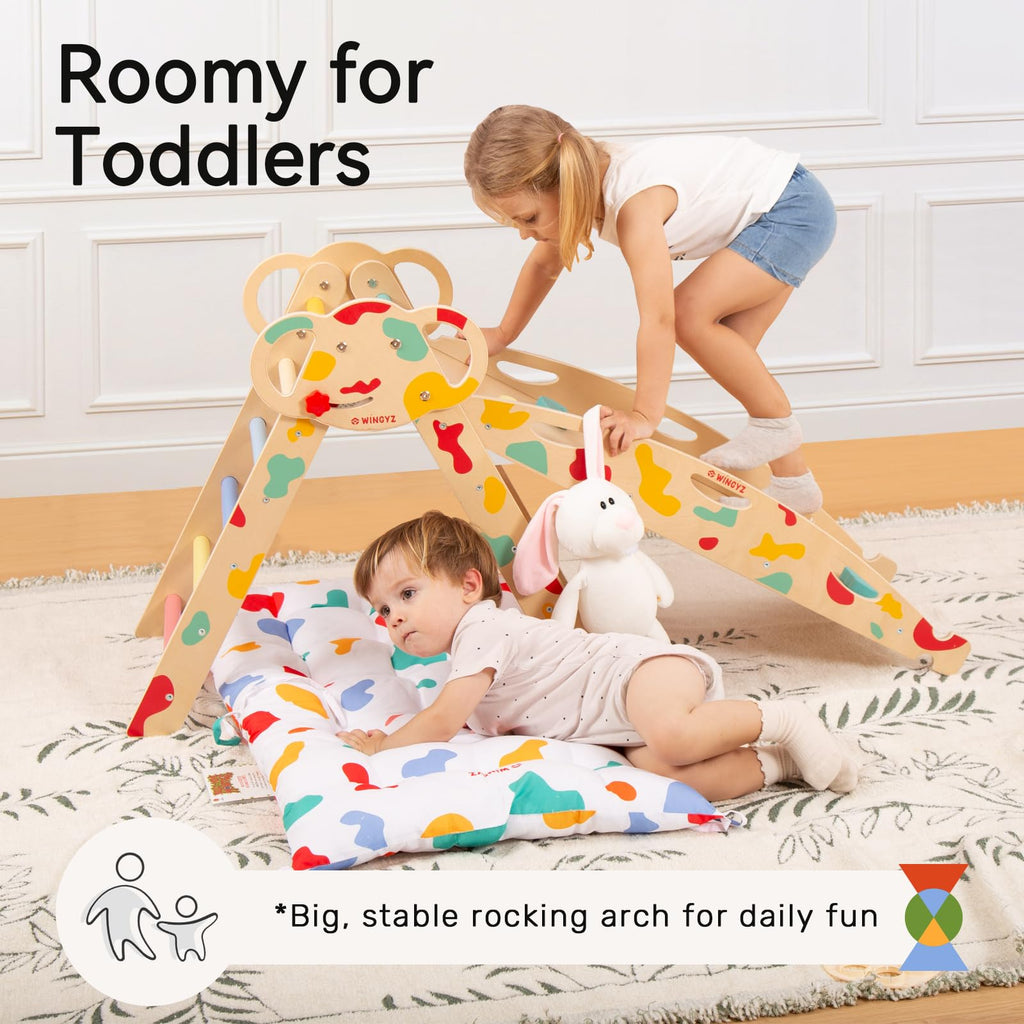WINGYZ Pikler Triangle Set, Montessori Foldable 8-in-1 Jungle Gym & Reversible Animal Slide, Patent-Protected Climbing Set, Safe 2.35" Gap ASTM F963 Standards for Toddlers 18 Months-5 Years (Rainbow)
