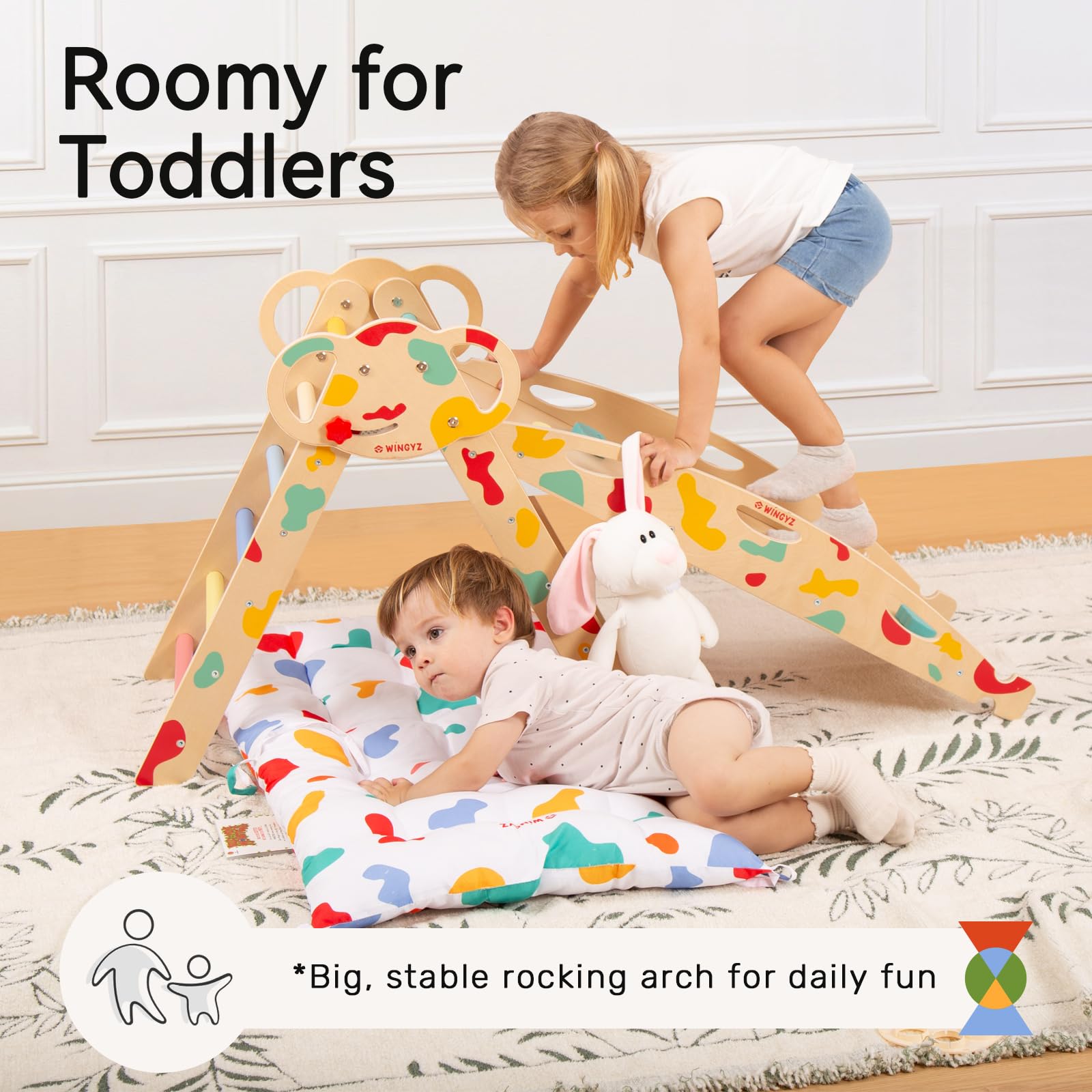 WINGYZ Pikler Triangle Set, Montessori Foldable 8-in-1 Jungle Gym & Reversible Animal Slide, Patent-Protected Climbing Set, Safe 2.35" Gap ASTM F963 Standards for Toddlers 18 Months-5 Years (Rainbow)