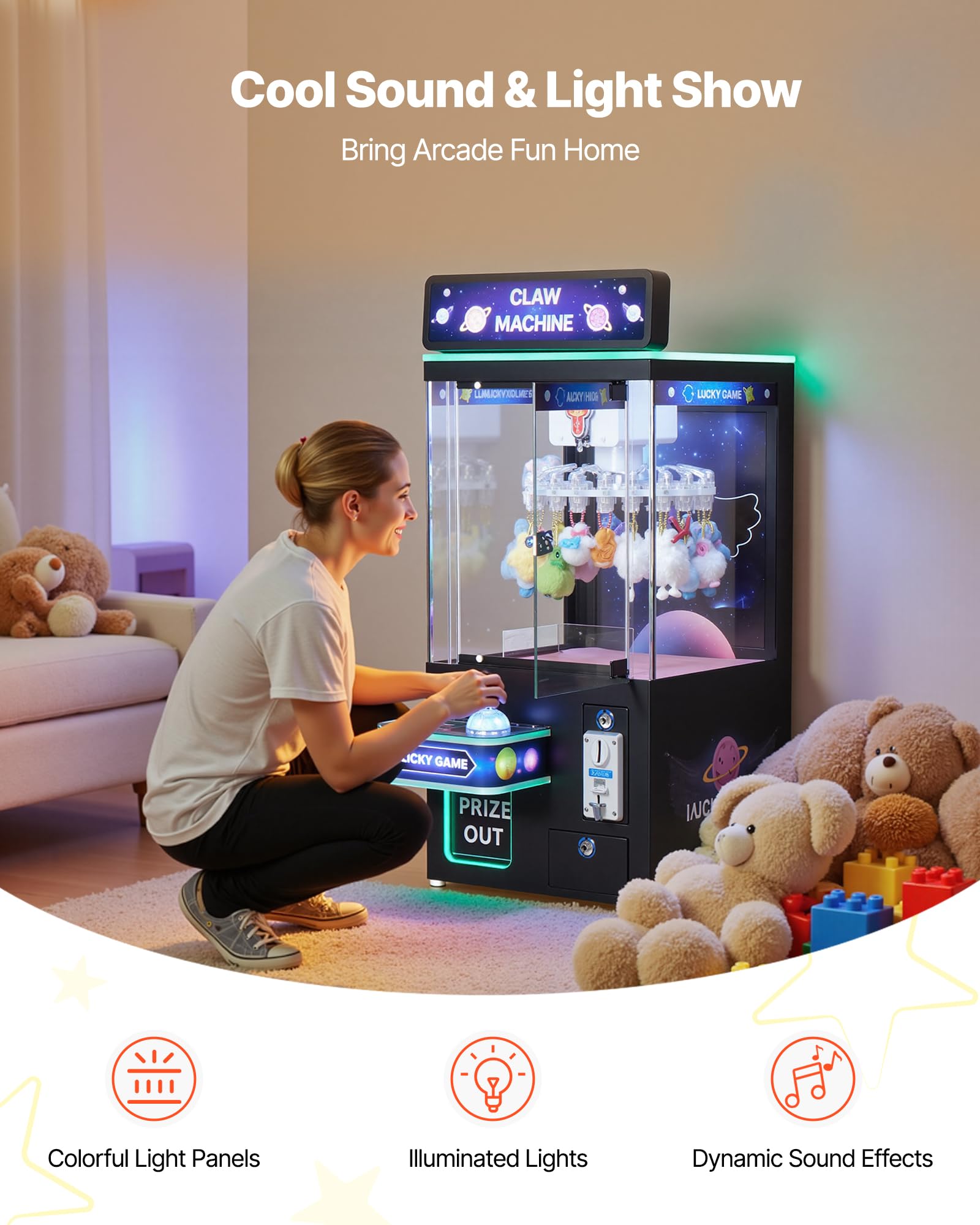 VEVOR Claw Crane Machine, Medium-Sized Arcade Game Machine with Claw + Grabber Double-Layer, Light & Sound, Toy Candy Grabber Prize Dispenser Vending Toy, for Commercial Home Cinema, Black Purple