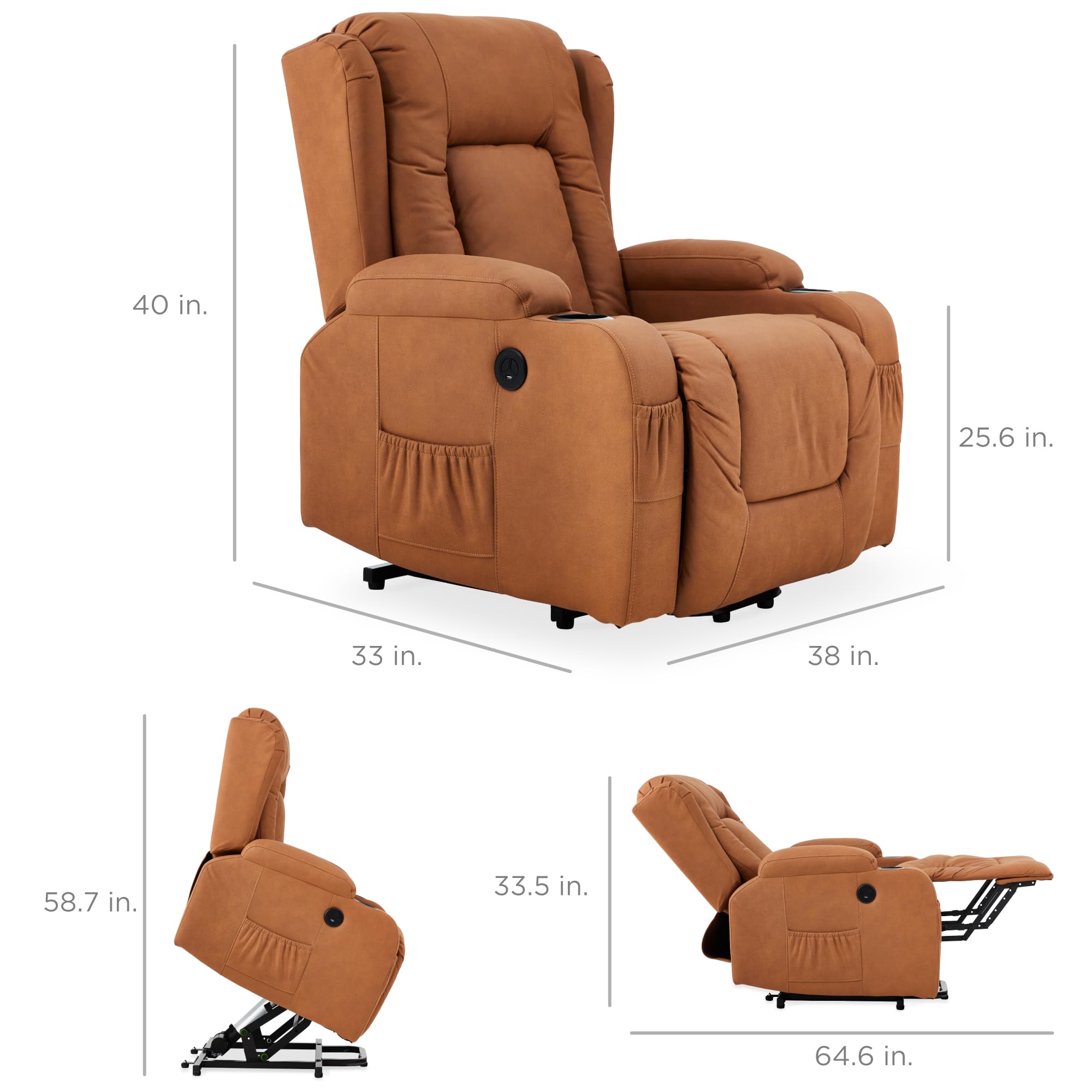 Best Choice Products PU Leather Electric Power Lift Chair, Recliner Massage Chair, Adjustable Furniture for Back, Legs w/ 3 Positions, USB Port, Heat, Cupholders, Easy-to-Reach Side Button - Olive