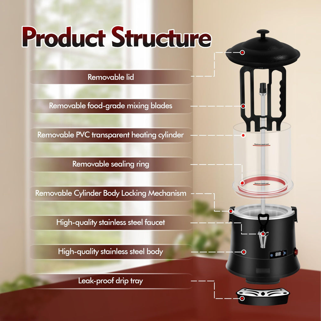 10L/2.64Gal Commercial Hot Chocolate Machine, with Intelligent Temperature Control Hot Beverage Warmer, Temperature Range 86°F-194°F, Heat Chocolate, Coffee, Tea, Juice, and Red Wine-Red 5i5