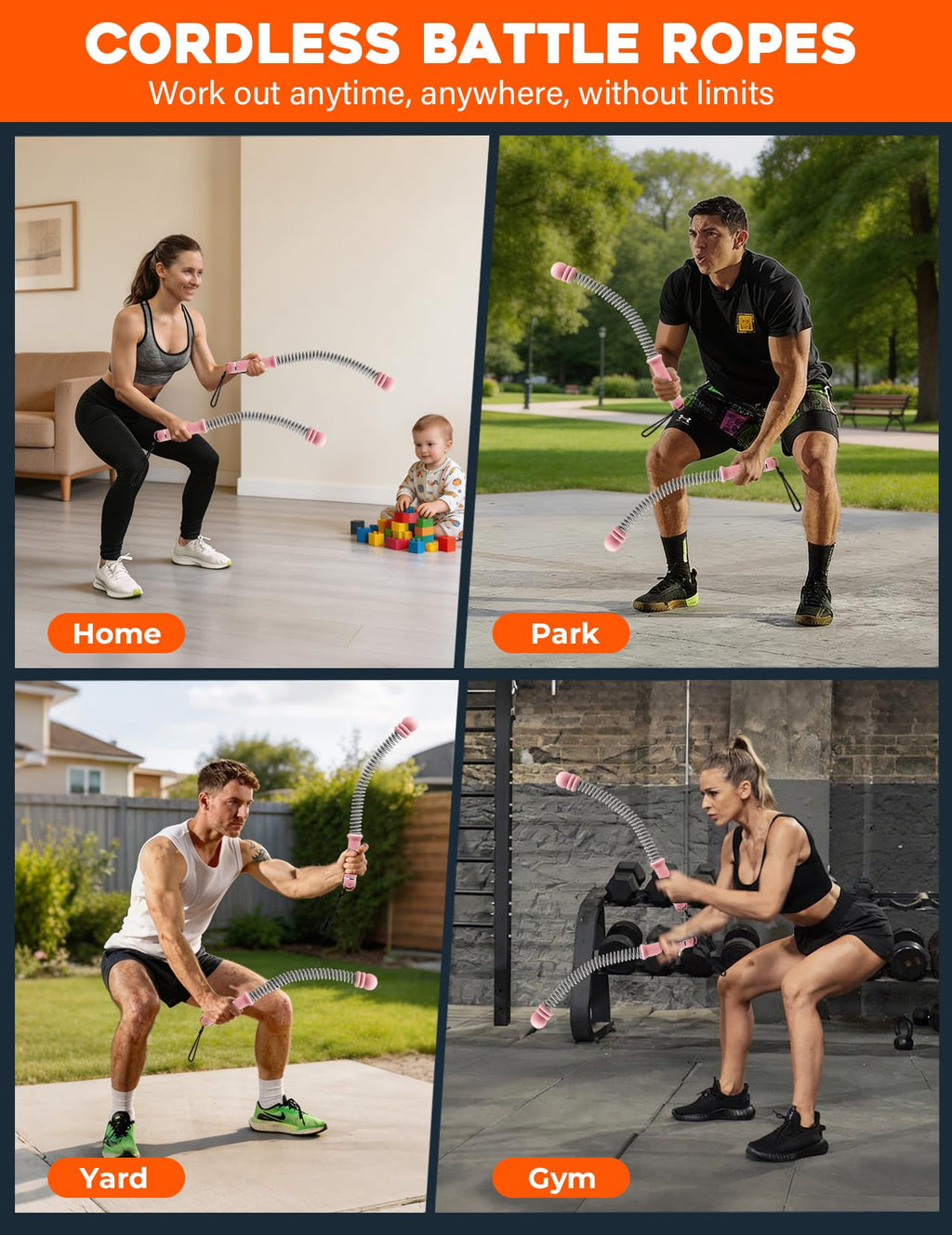 Cordless Battle Ropes 2 Pack Adjustable Weight Portable Ropeless Battle Ropes for Home Gym Full Body Workout with Non Slip Handle and Training Poster for HIIT Cardio Strength Training Men Women,Black