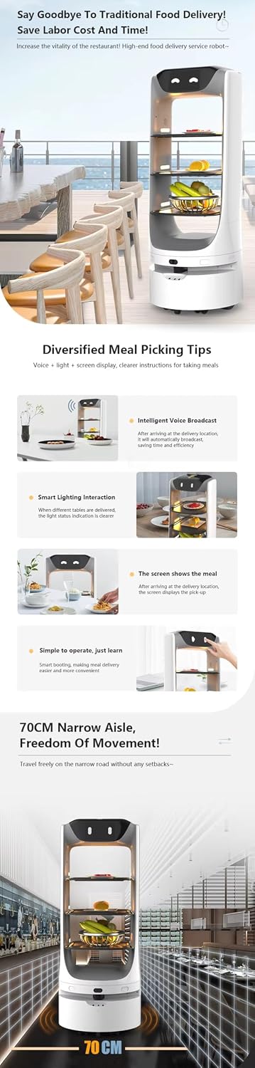 Food Delivery Robot for Restaurants & Hotels – Smart Waiter Robot, Autonomous Indoor Navigation, Large Tray Capacity, Self-Charging, Automatic Obstacle Avoidance, Multi-Coordination