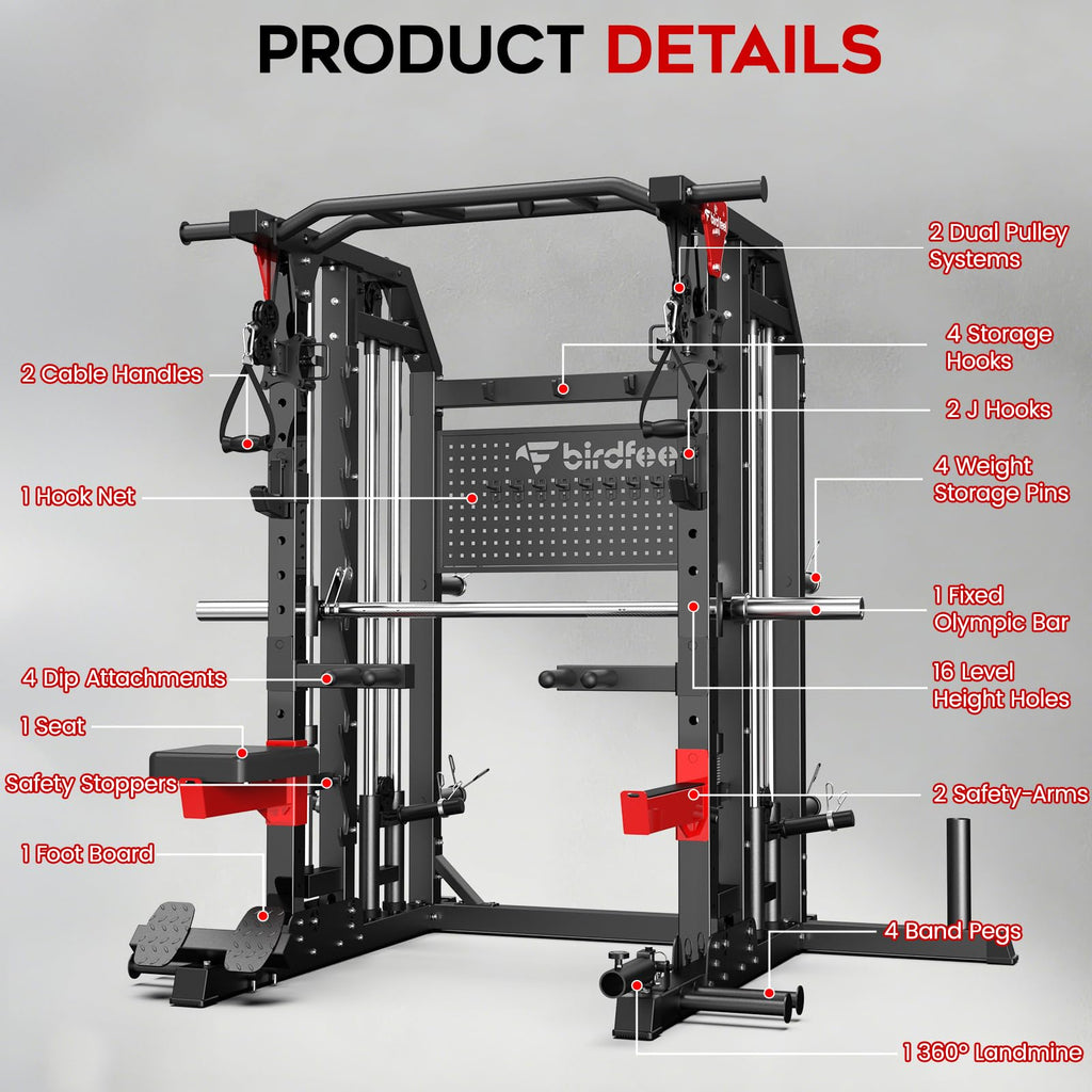 Multi-Function 2000LB Smith Machine Power Cage, Home Gym Squat Rack Featuring LAT Pulldown, Dual Pulley Cable Crossover, Gym-Quality Power Rack with Strength Training Attachments, Pegboard