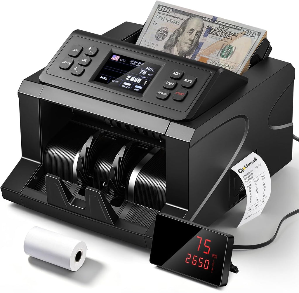 CGOLDENWALL Money Counter Machine, Mixed Denomination Bill Counter, Cash Counting with Built-in Printer, Portable Currency Detector, Counterfeit Bank Scanner, Dollar Sorter for Business, CIS/UV/IR/MG
