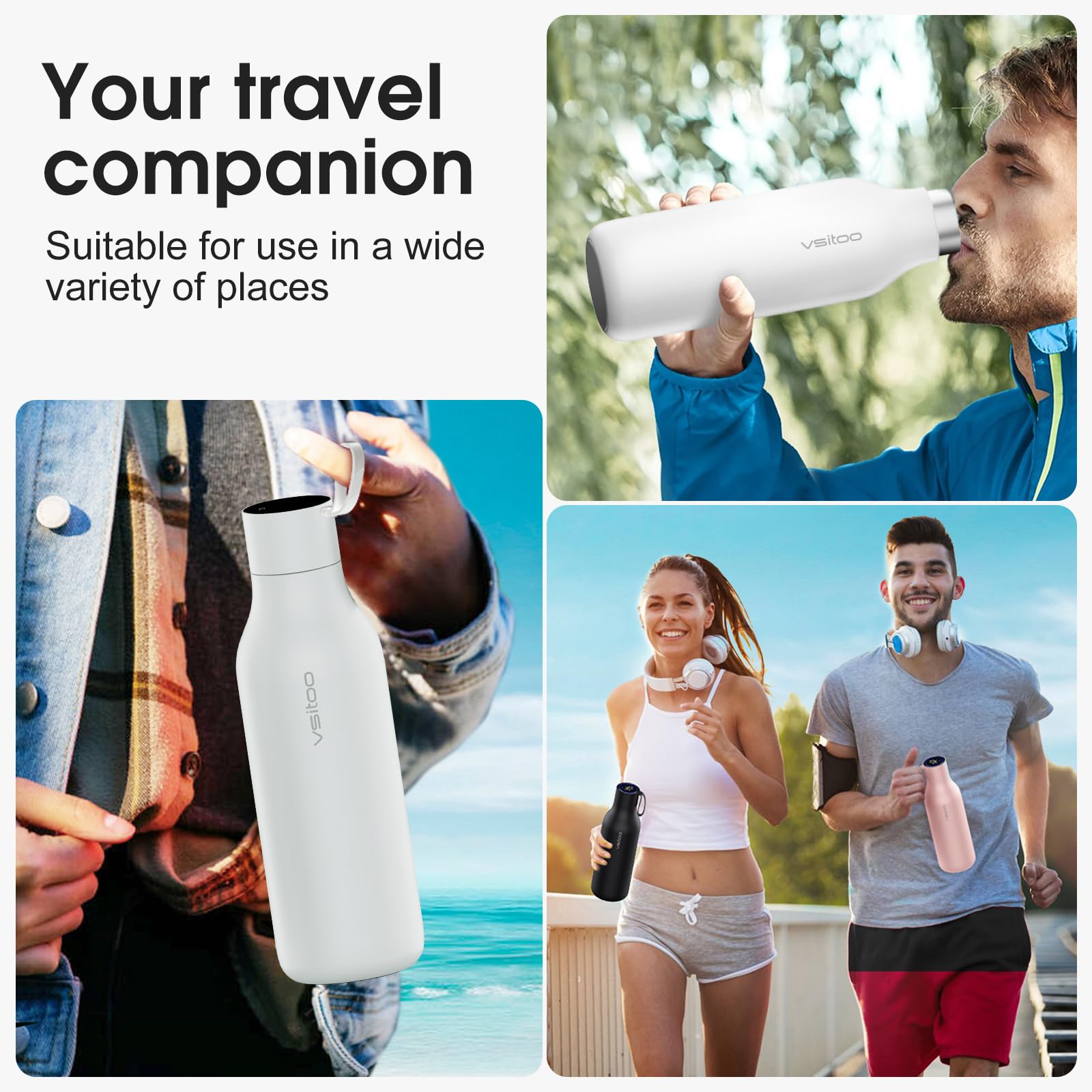 VSITOO 33oz Smart Self-Cleaning Water Bottle，Large Insulated Stainless Steel Bottle with AI Self-Clean, 30-Day Battery & Magnetic Charging for Outdoor Travel, Gym or Office, Pink
