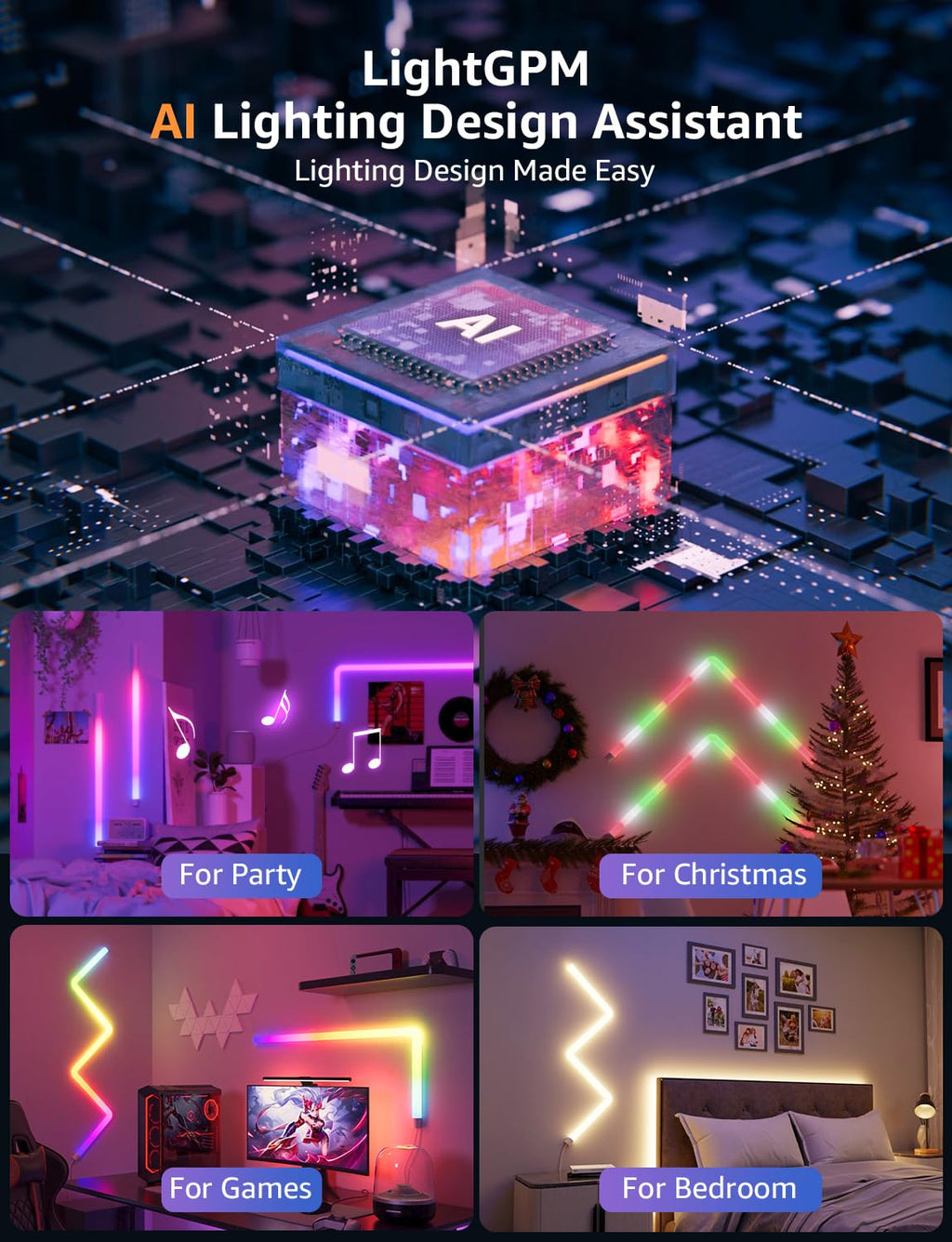 Lepro WL1 AI Smart RGB Wall Lights for Christmas Decorations, LLM AI Generated Lighting with LightBeats Music Sync, Voice Control Via App, Wi-Fi & Bluetooth LED Light Bars, 6 Pcs with 2 Corners