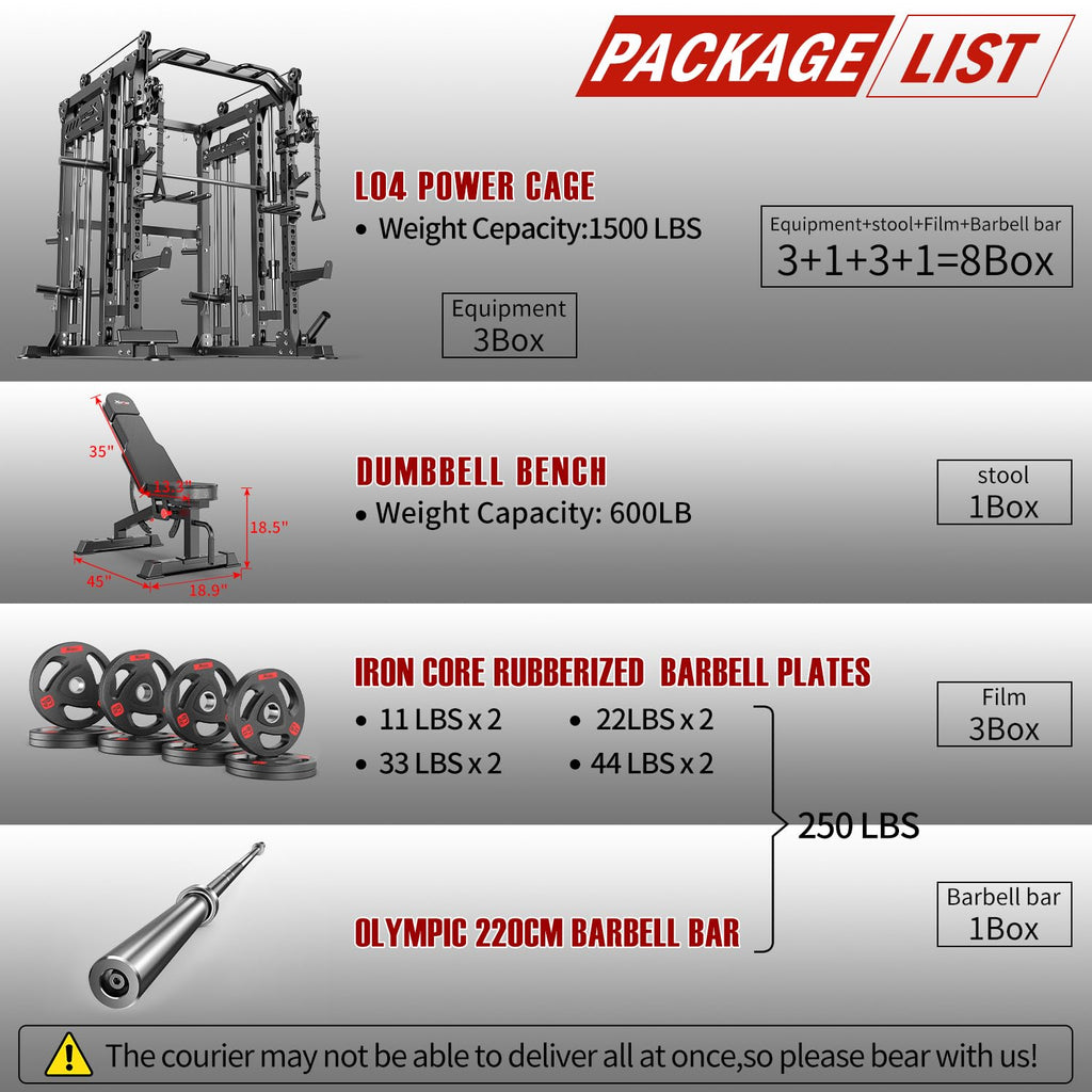 Smith Machine with Cable Crossover System, Multi-Function Power Cage Squat Rack for Home Gym, Power Rack and Packages Weight Sets.