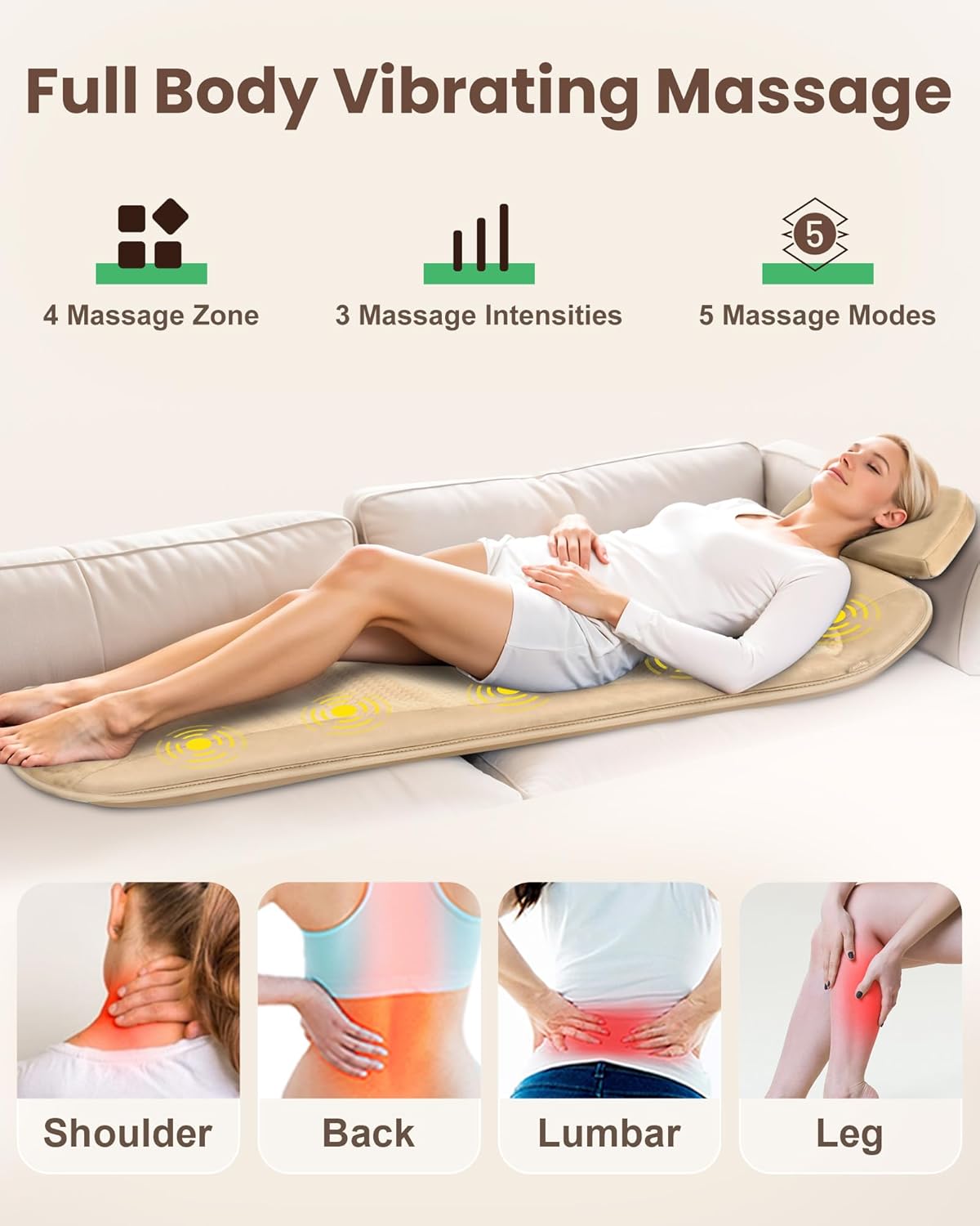 Heycool Massage Mat Full Body, Back Massager with Heat and Vibration, Massage Chair Pad, 10 Vibration Motors, 2 Heating Levels, Foldable, Gifts for Women, Men