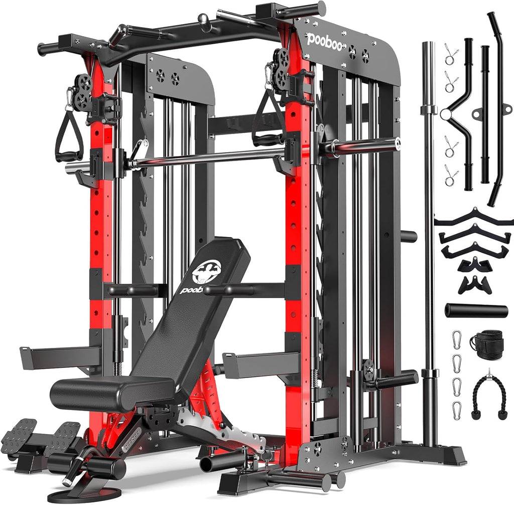 pooboo Multi-Functional Machine Power Cage, 2000LB Squat Rack, LAT-Pull Down System, Dual Pulley Cable Crossover System, Home Gym Workout Machine with Strength Training Attachments