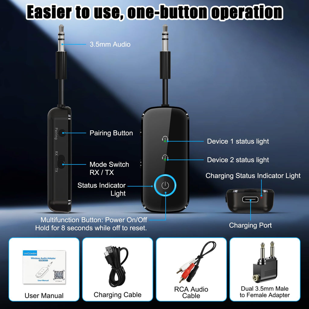Premium Pro Bluetooth 5.4 Transmitter Receiver,Airplane Audio Adapter,Wireless Transmitter for TV/Travel Flight,Airline,Gym.Compatible with 2 AirPods/Headphones,Bluetooth Receiver for Car/Home Stereo