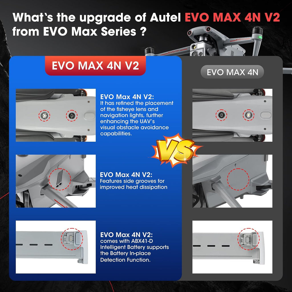 Autel Robotics EVO MAX 4N V2, Starlight Night-Vision/ Wide/ Thermal/ L~aser 4 Cameras in One UAV, Upgrade of MAX 4T V2/ 4N, 5KM Night Vision Observation, A-Mesh 1.0, 720° Obstacle Avoidance, Triple Anti-Jamming, Hot-Swappable, 42 Mins, IP43, Autel SDK