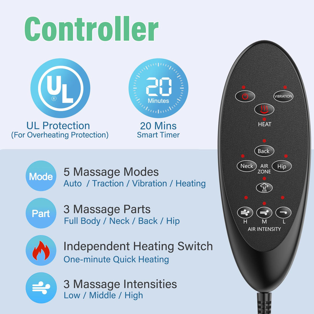 Back Massager with Heat & Traction & Vibration, Seat Massager Pad for Pain Relief Deep Tissue, Lumbar Traction, PU Leather, Foldable, for 5’ to 6’1”, Massage Chair Pad for Office Home