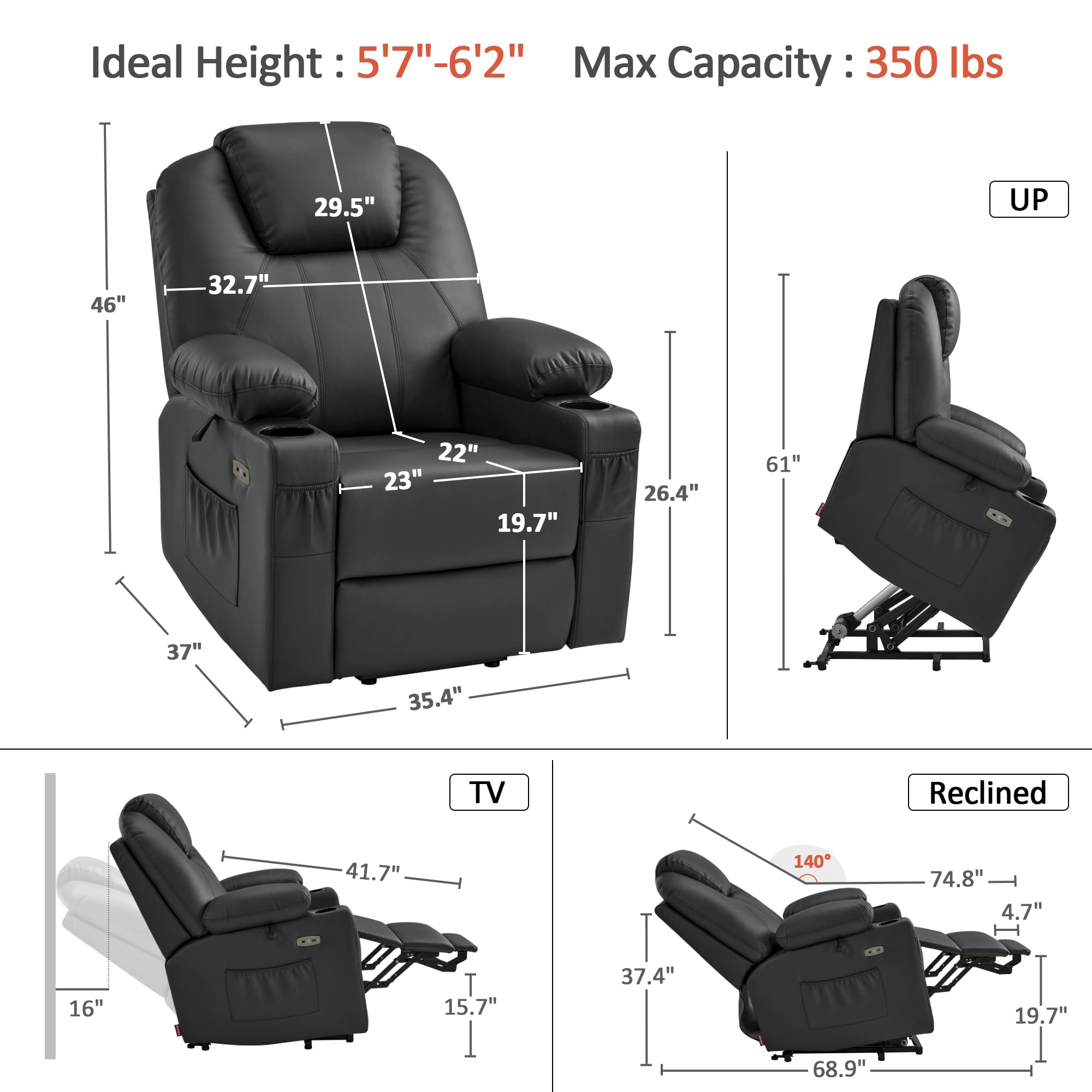 MCombo Electric Power Lift Recliner Chair Sofa with Massage and Heat for Elderly, 3 Positions, 2 Side Pockets, and Cup Holders, USB Ports, Faux Leather 7040 (Grey, Medium)
