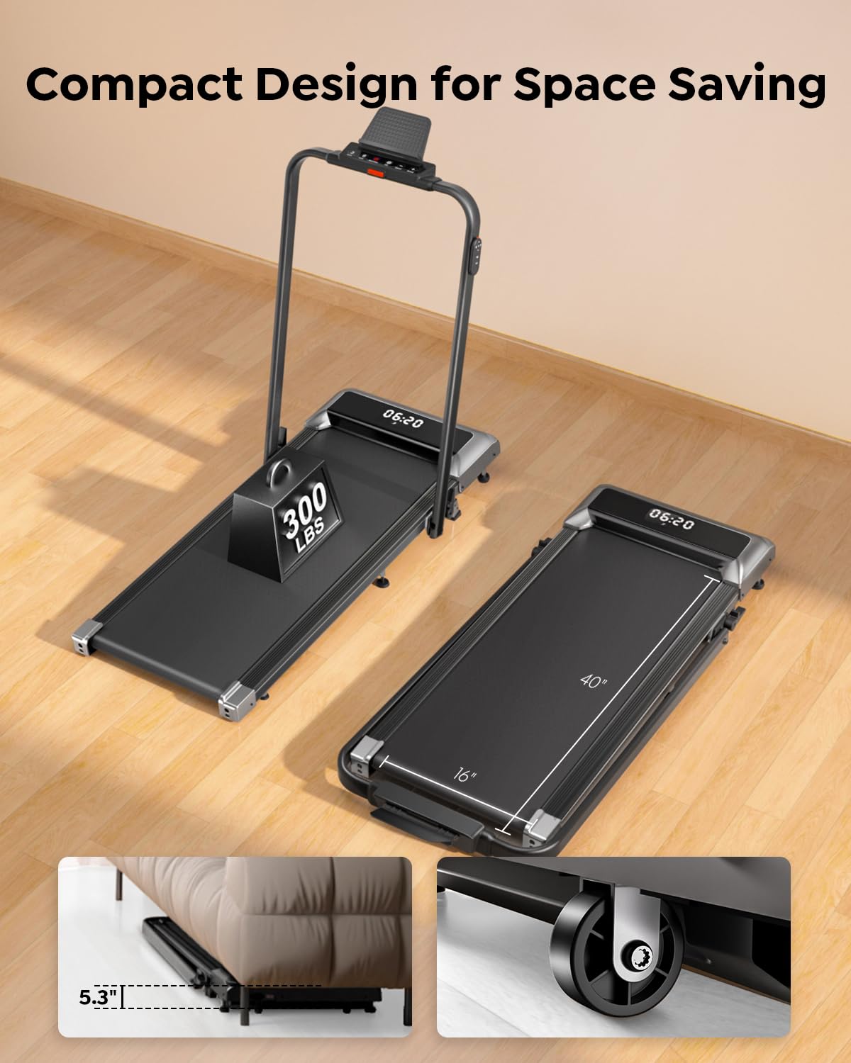 Acezoe Walking Pad Treadmill with Incline, 2 in 1 Foldable Treadmills for Home Small Office, 300lbs Portable Compact Under Desk Treadmill with App, Remote Control and LED Display