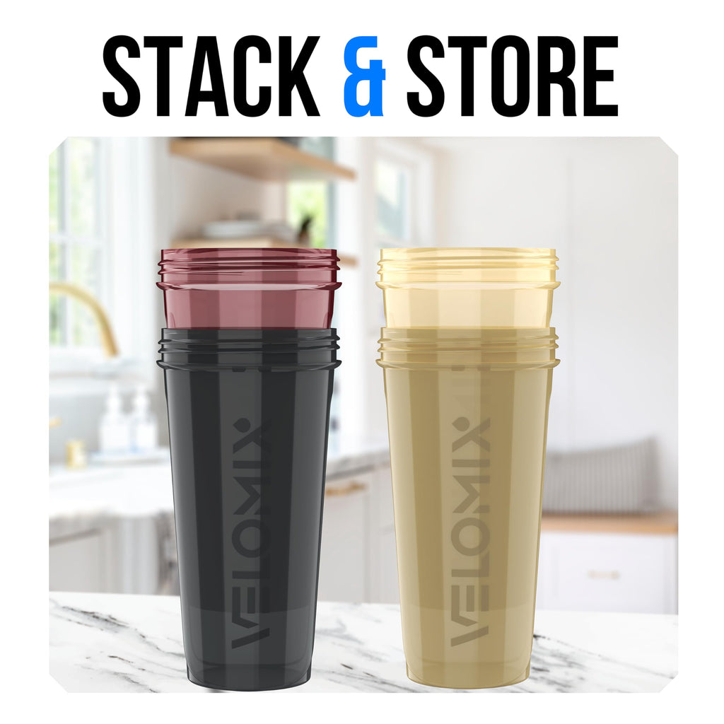 VELOMIX -4 PACK- 28 oz Protein Shaker Bottle for Protein Mixes - 4x Wire Whisk | Leak Proof Shaker Cups for Protein Shakes | Protein Shaker Bottle Pack | Protein Shake Cup (NeoCool Pack)