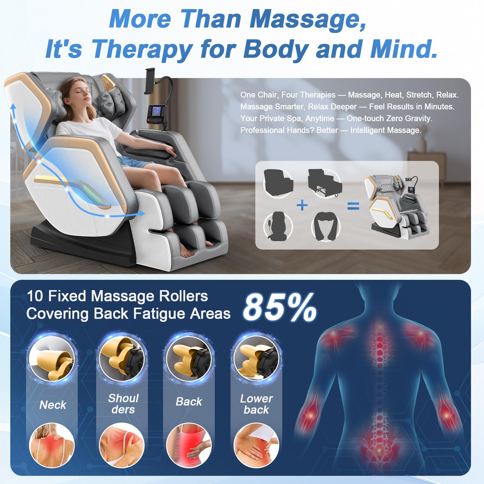 Massage Chair Full Body, Zero Gravity Massage Chair 2026 for Back Fatigue with 10 Fixed Rollers, Heating, Airbags, Phone Controller, Nightlights, Bluetooth Speaker for Living Room, Bedroom