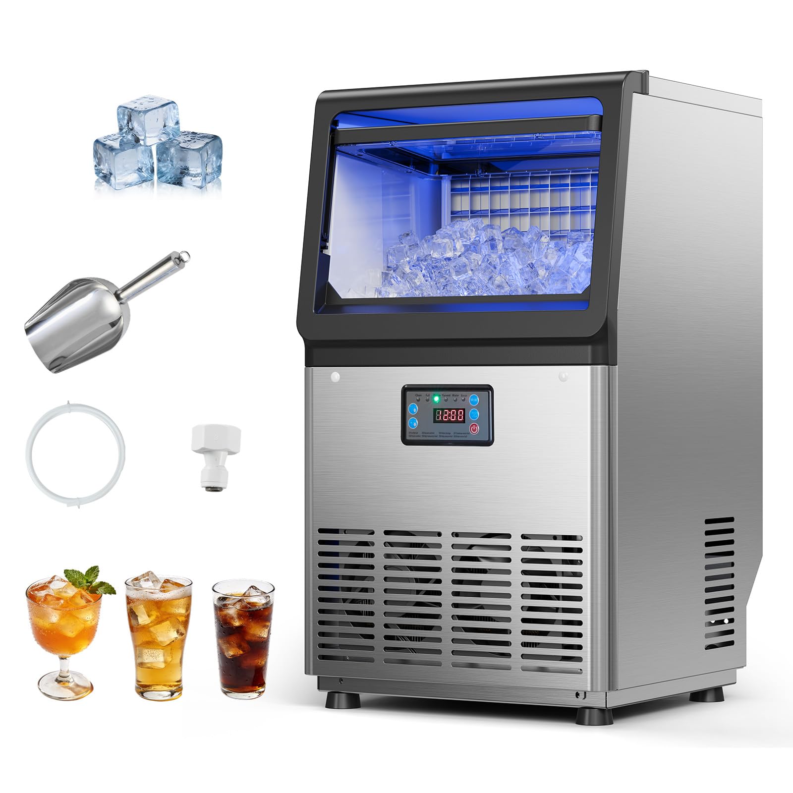 VEVOR Commercial Ice Maker Machine, 100 lbs/24h with 30-35 lbs Storage, Bullet Ice,Built-in/Freestanding/Under Counter, Stainless Steel Ice Maker with LED Display for Home Bar Restaurant