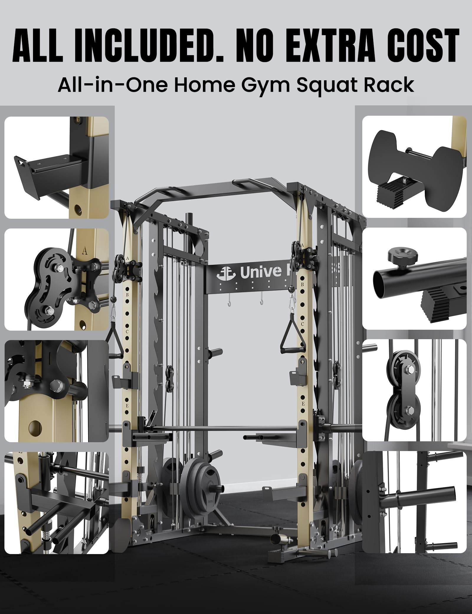 Unive Fitness Smith Machine, Commercial-Grade All-in-One Home Gym Power Cage with Squat Rack, Dual Cable Crossover & Pulley System, Complete Attachments for Full Body Workouts