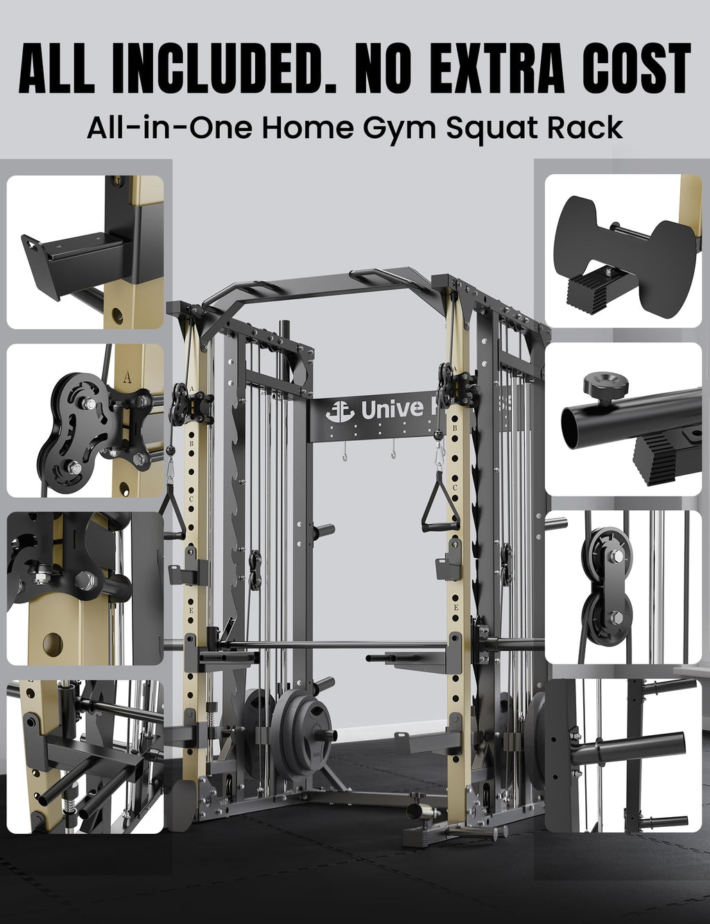 Unive Fitness Smith Machine, Commercial-Grade All-in-One Home Gym Power Cage with Squat Rack, Dual Cable Crossover & Pulley System, Complete Attachments for Full Body Workouts
