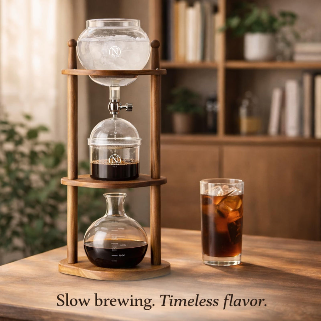 Nispira Cold Brew Drip Tower Iced Coffee Maker Glass Wooden Stand 25 Cups