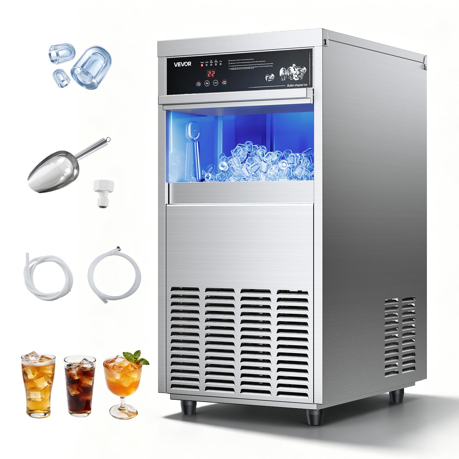 VEVOR Commercial Ice Maker Machine, 100 lbs/24h with 30-35 lbs Storage, Bullet Ice,Built-in/Freestanding/Under Counter, Stainless Steel Ice Maker with LED Display for Home Bar Restaurant