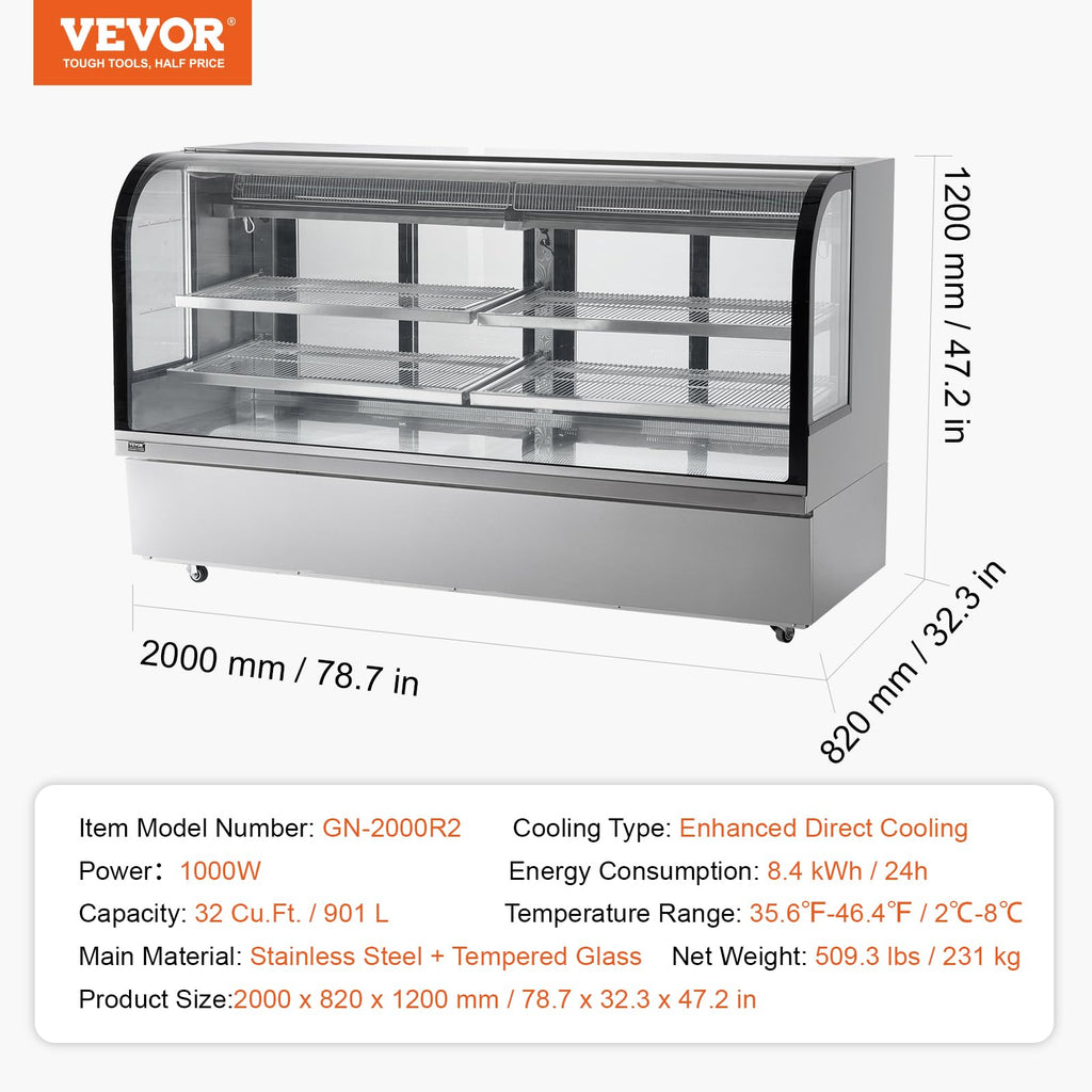 VEVOR Refrigerated Display Case, 3.5 Cu.Ft./100L, 2-Tier, Countertop Pastry Display Case Commercial Display Refrigerator with LED Lighting, TURBO Cooling, Frost-Free Air-Cooling, Rear Sliding Door