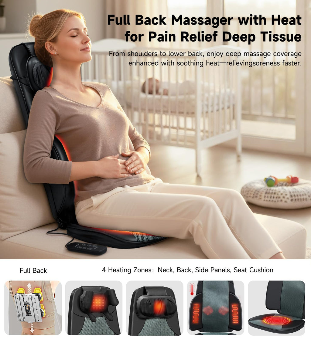 Shiatsu Neck and Back Massager for Chair with Heat, 2 Interchangeable Attachments Full Back Massage Pad Deep Tissue, Adjustable Height 3-Level Intensity for Office Home, Masajeador de Espalda, Khaki