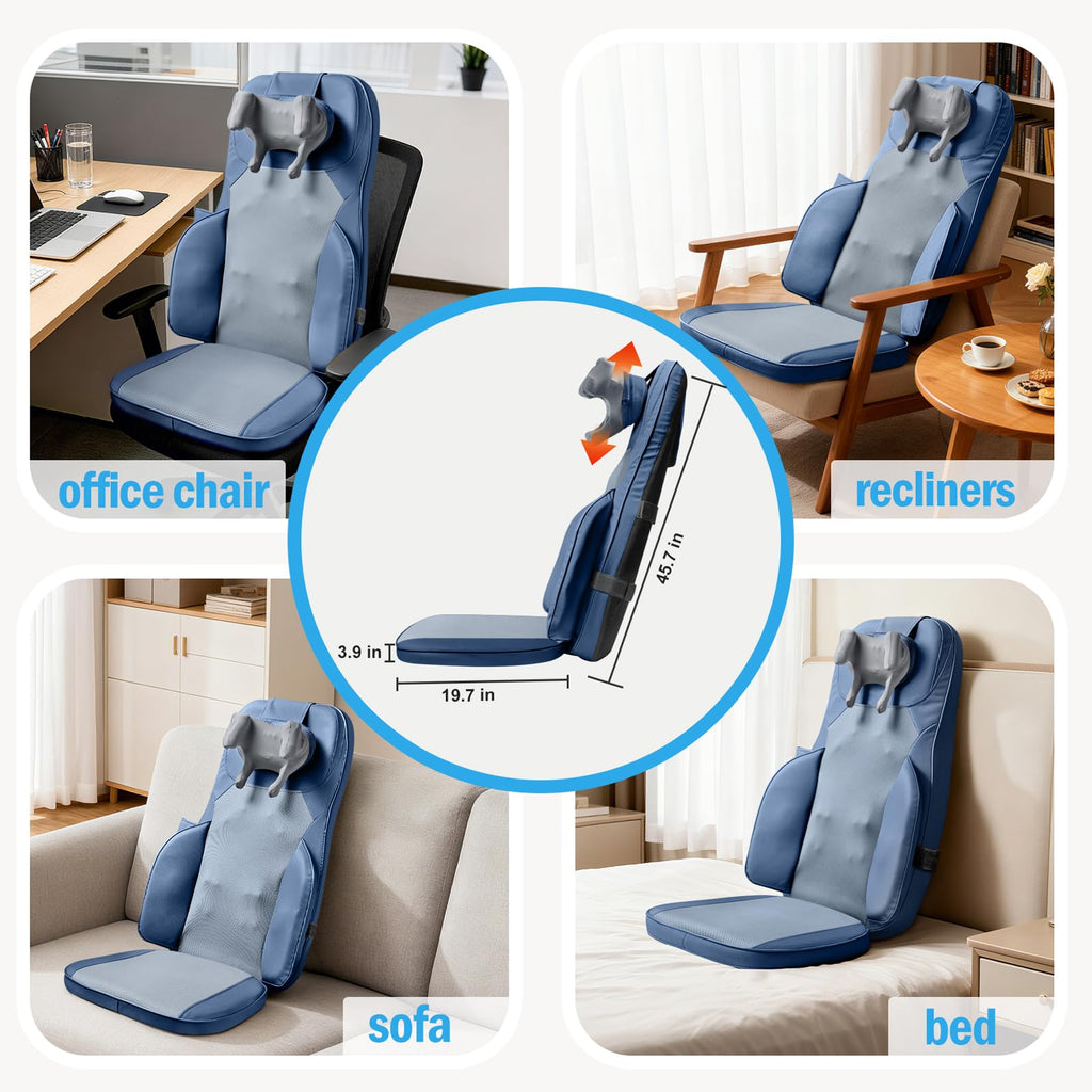 Shiatsu Neck Back Massage Cushion with Heat - 4D Kneading Massager w/Vibration, Dual-Neck Design, Adjustable Intensity/Height, Ease Muscle Tightness from Long Sitting, for Office, Home, Blue