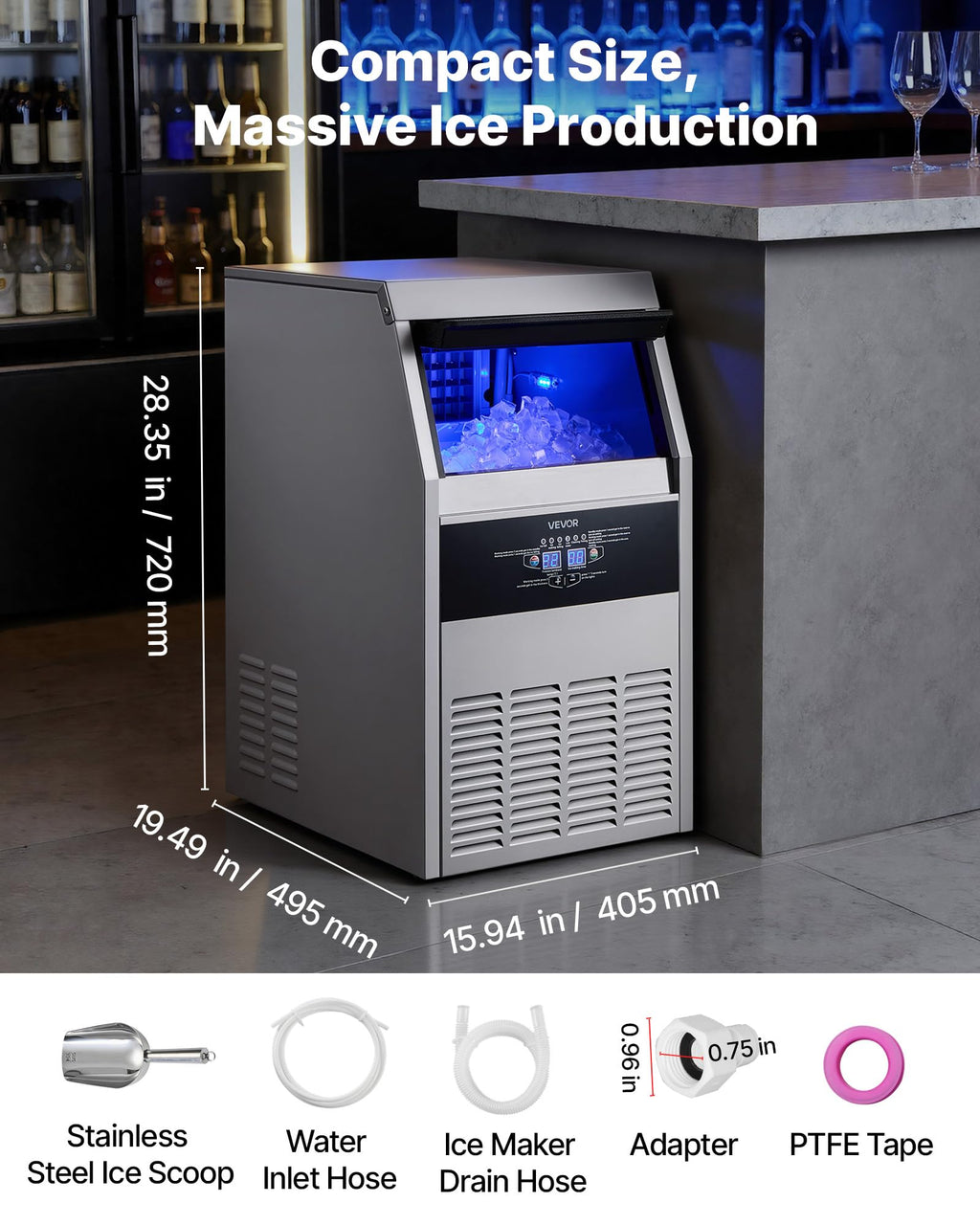 VEVOR Commercial Ice Maker Machine, 100 lbs/24h with 30-35 lbs Storage, Bullet Ice,Built-in/Freestanding/Under Counter, Stainless Steel Ice Maker with LED Display for Home Bar Restaurant