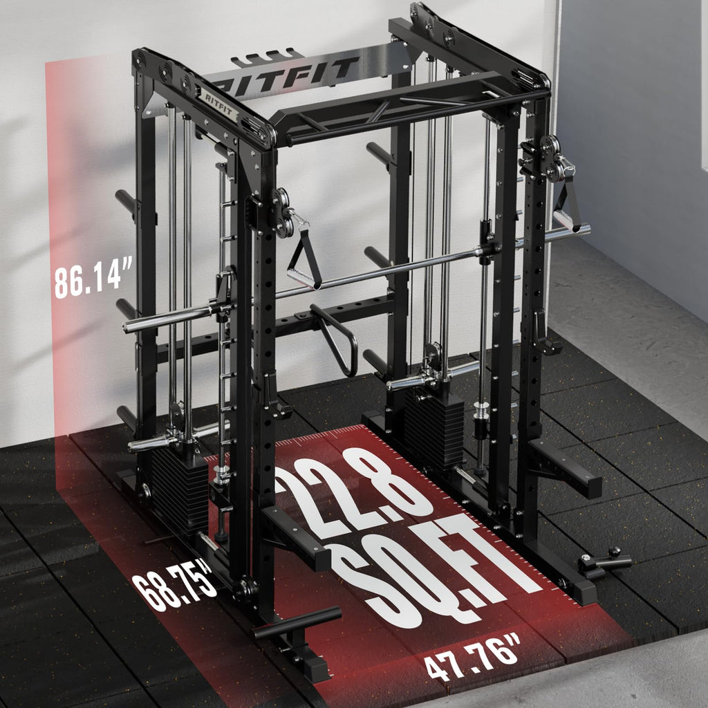 RitFit M2 3D Smith Machine & 286.6LB Built-in Weight Stack with Cable Crossover System, All in One Functional Trainer & Power Cage, 16 Adjustment Holes, 6 Storage Pegs for Full-Body Home Gym