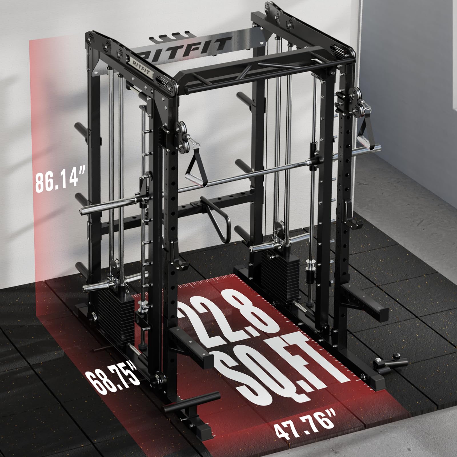 RitFit M2 3D Smith Machine & 286.6LB Built-in Weight Stack with Cable Crossover System, All in One Functional Trainer & Power Cage, 16 Adjustment Holes, 6 Storage Pegs for Full-Body Home Gym