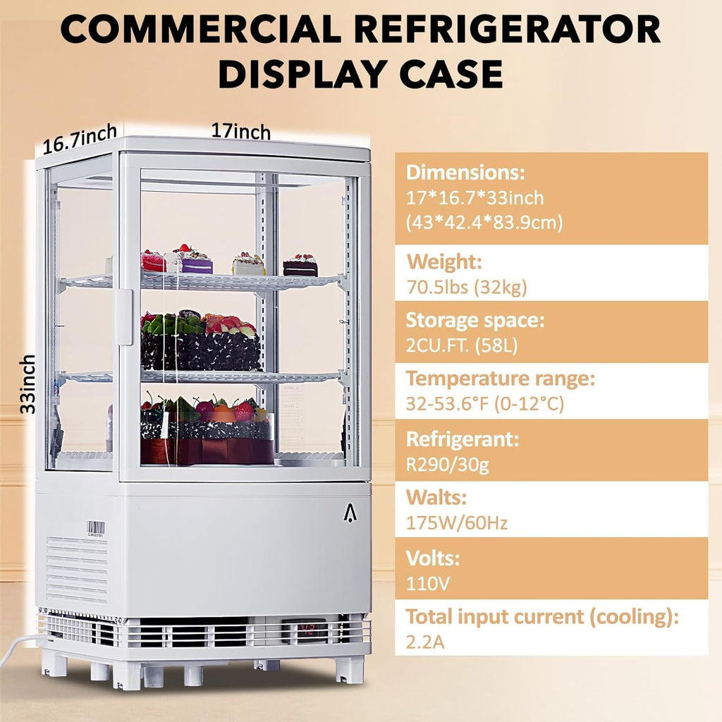 Commercial Display Refrigerator, 3.5 cu. ft./98 Liter Countertop Refrigerated Cake Display Cabinet, Refrigerator with Adjustable Shelves and Digital Controls, LED Display, For Cafes, Bakeries, White
