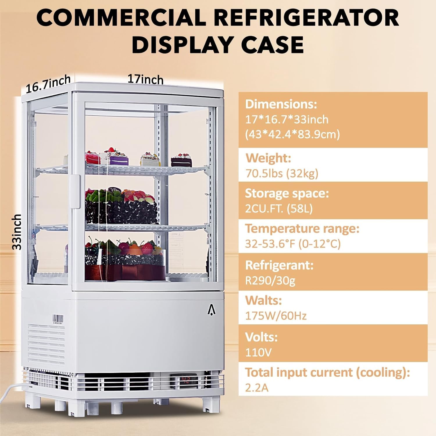 Commercial Display Refrigerator, 3.5 cu. ft./98 Liter Countertop Refrigerated Cake Display Cabinet, Refrigerator with Adjustable Shelves and Digital Controls, LED Display, For Cafes, Bakeries, White