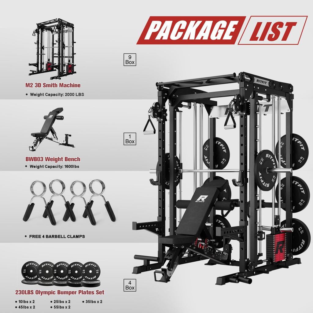RitFit M2 3D Smith Machine & 286.6LB Built-in Weight Stack with Cable Crossover System, All in One Functional Trainer & Power Cage, 16 Adjustment Holes, 6 Storage Pegs for Full-Body Home Gym
